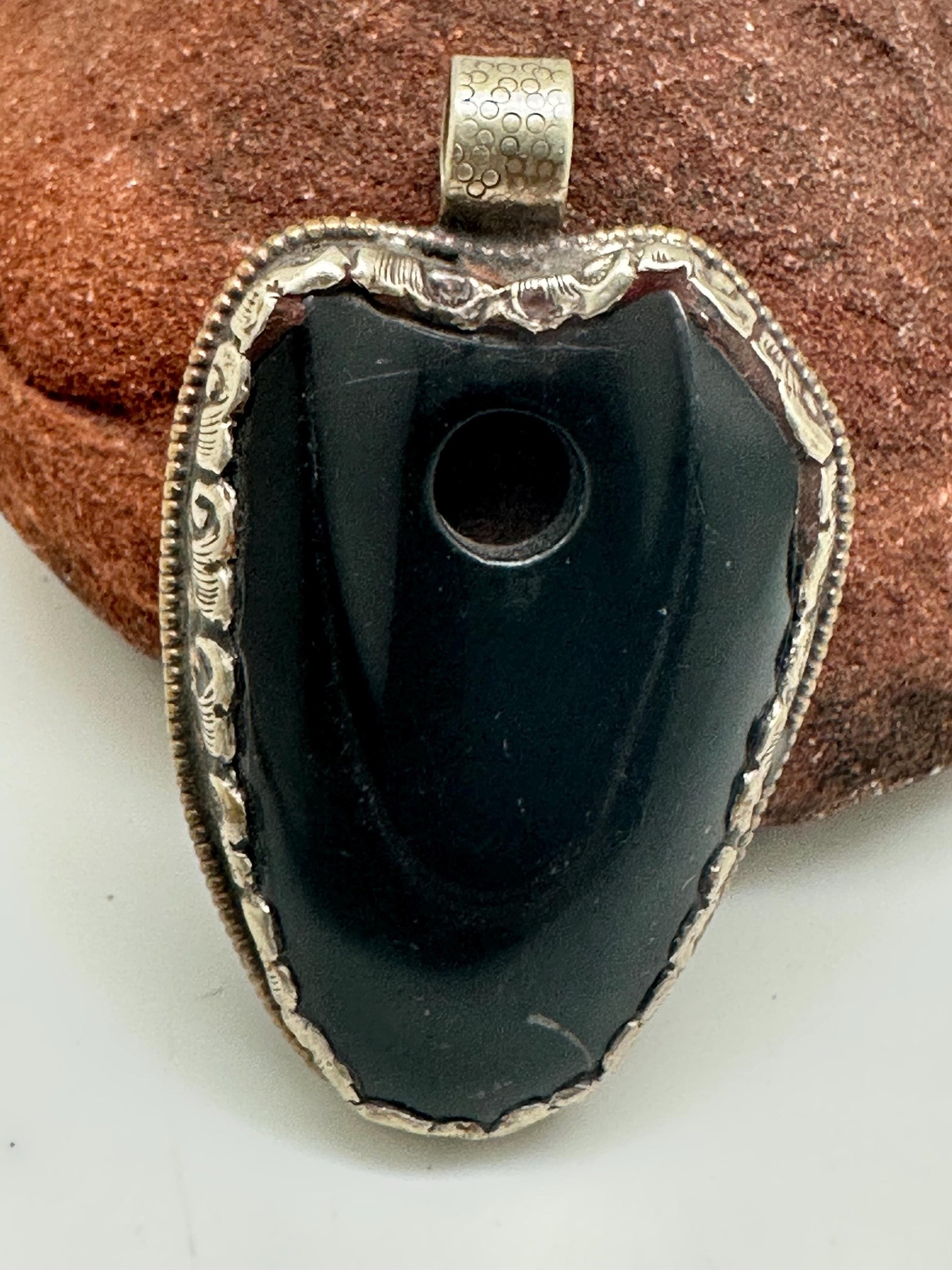 Large Black obsidian pendant, handcrafted,Tibetan silver,ethnic design,Nepalese