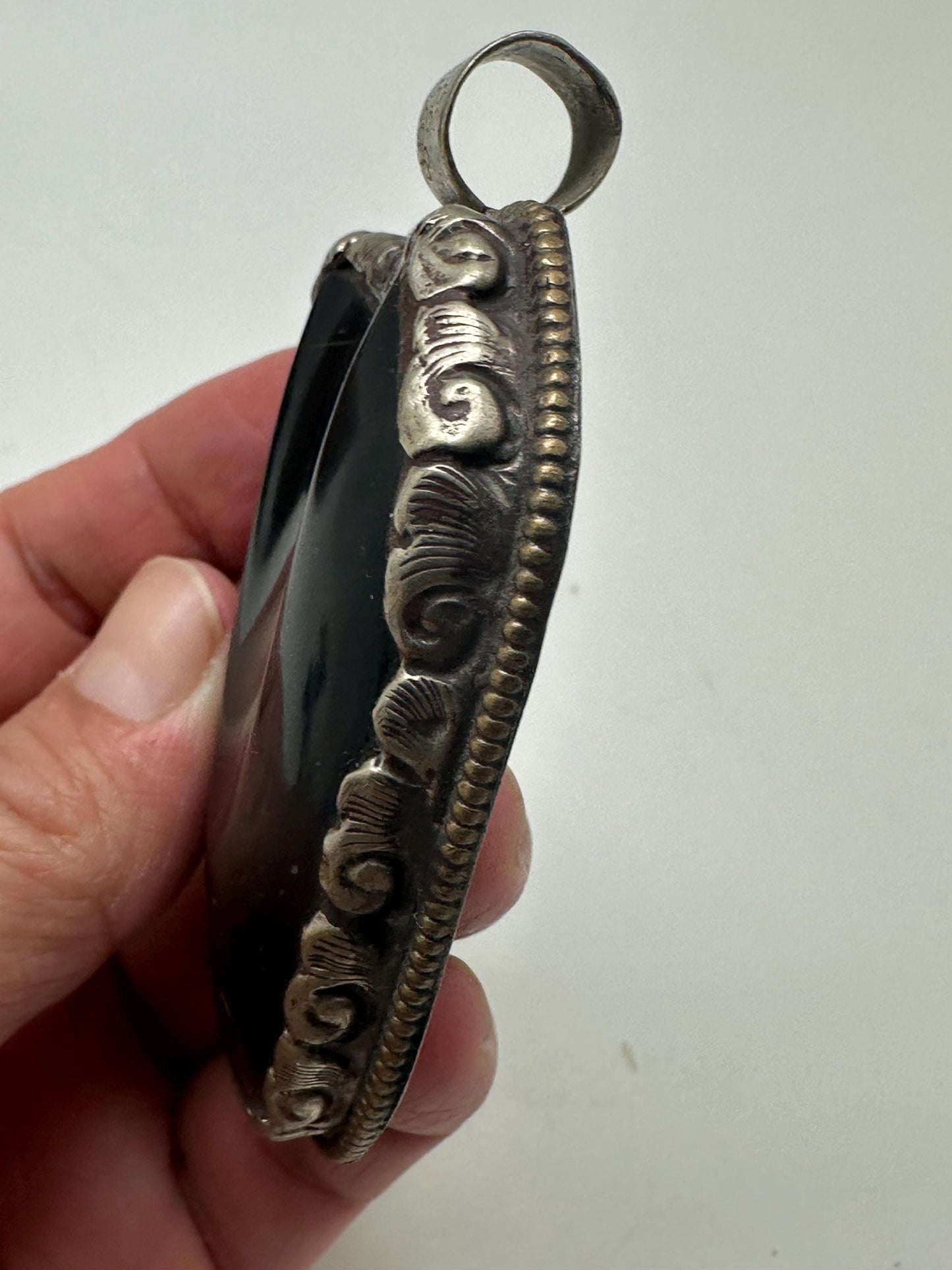 Large Black obsidian pendant, handcrafted,Tibetan silver,ethnic design,Nepalese