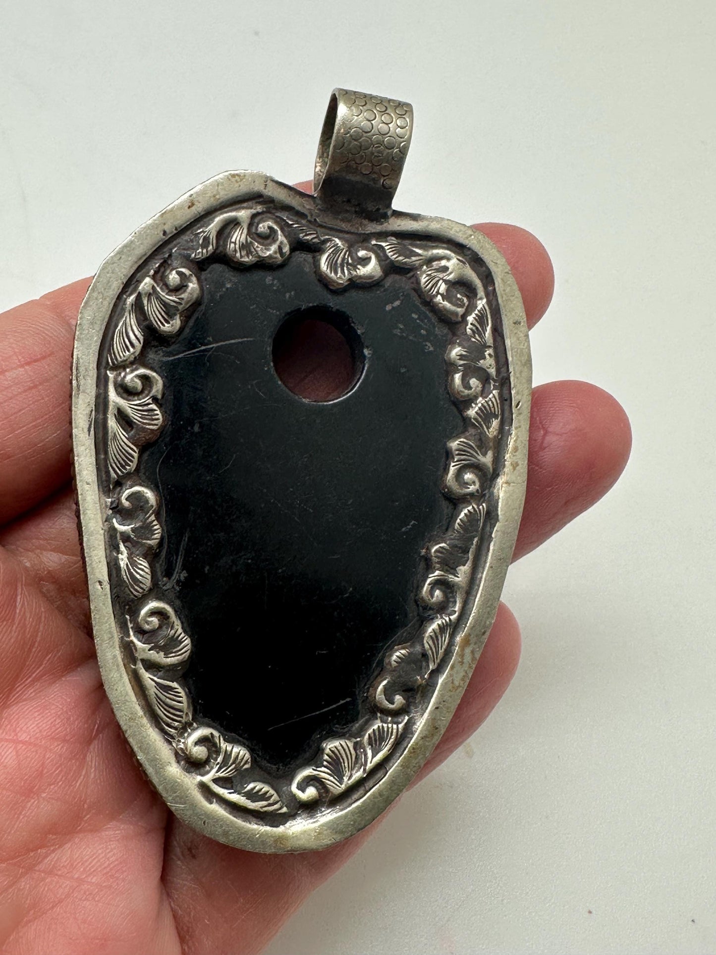 Large Black obsidian pendant, handcrafted,Tibetan silver,ethnic design,Nepalese