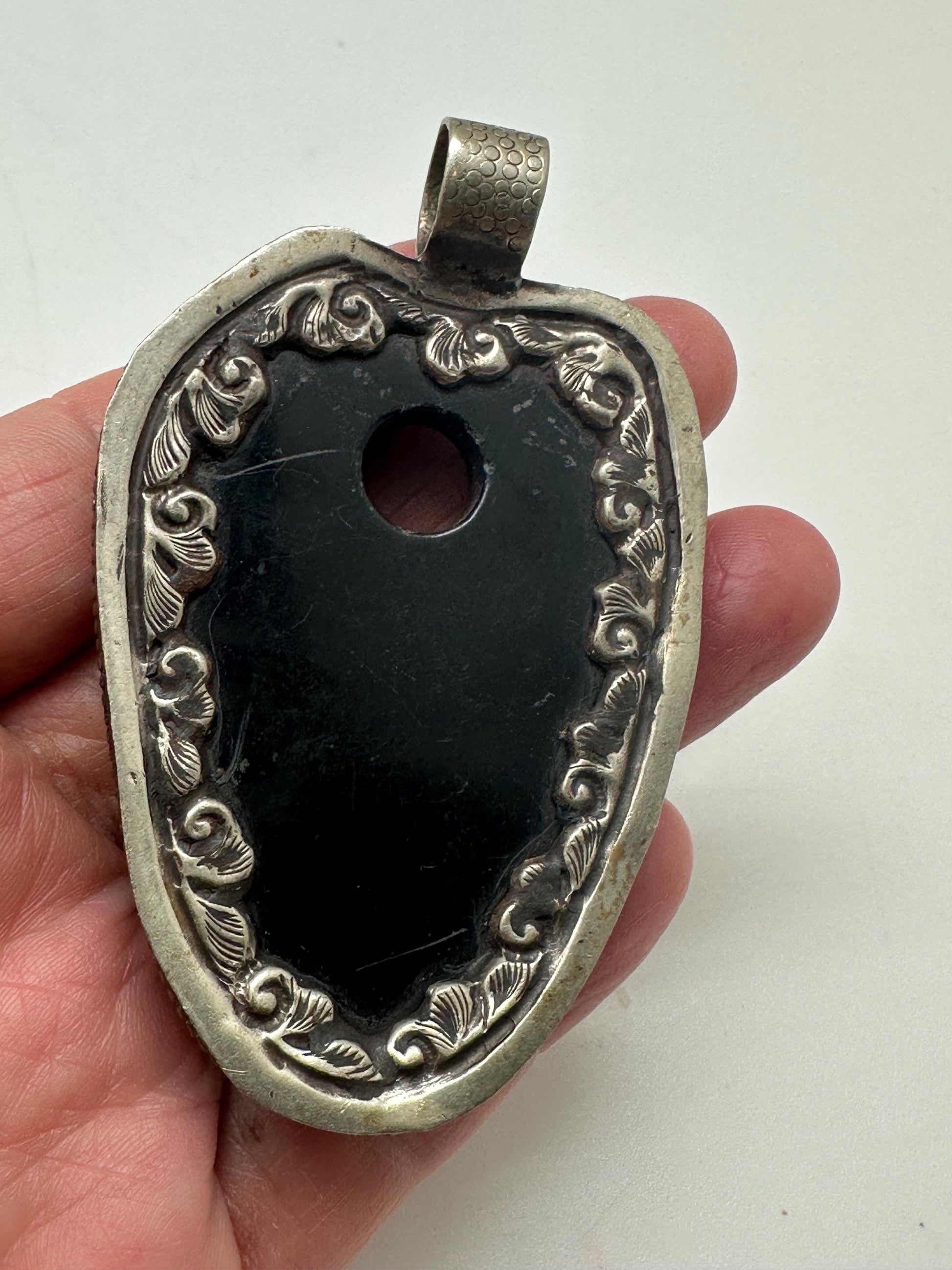 Large Black obsidian pendant, handcrafted,Tibetan silver,ethnic design,Nepalese