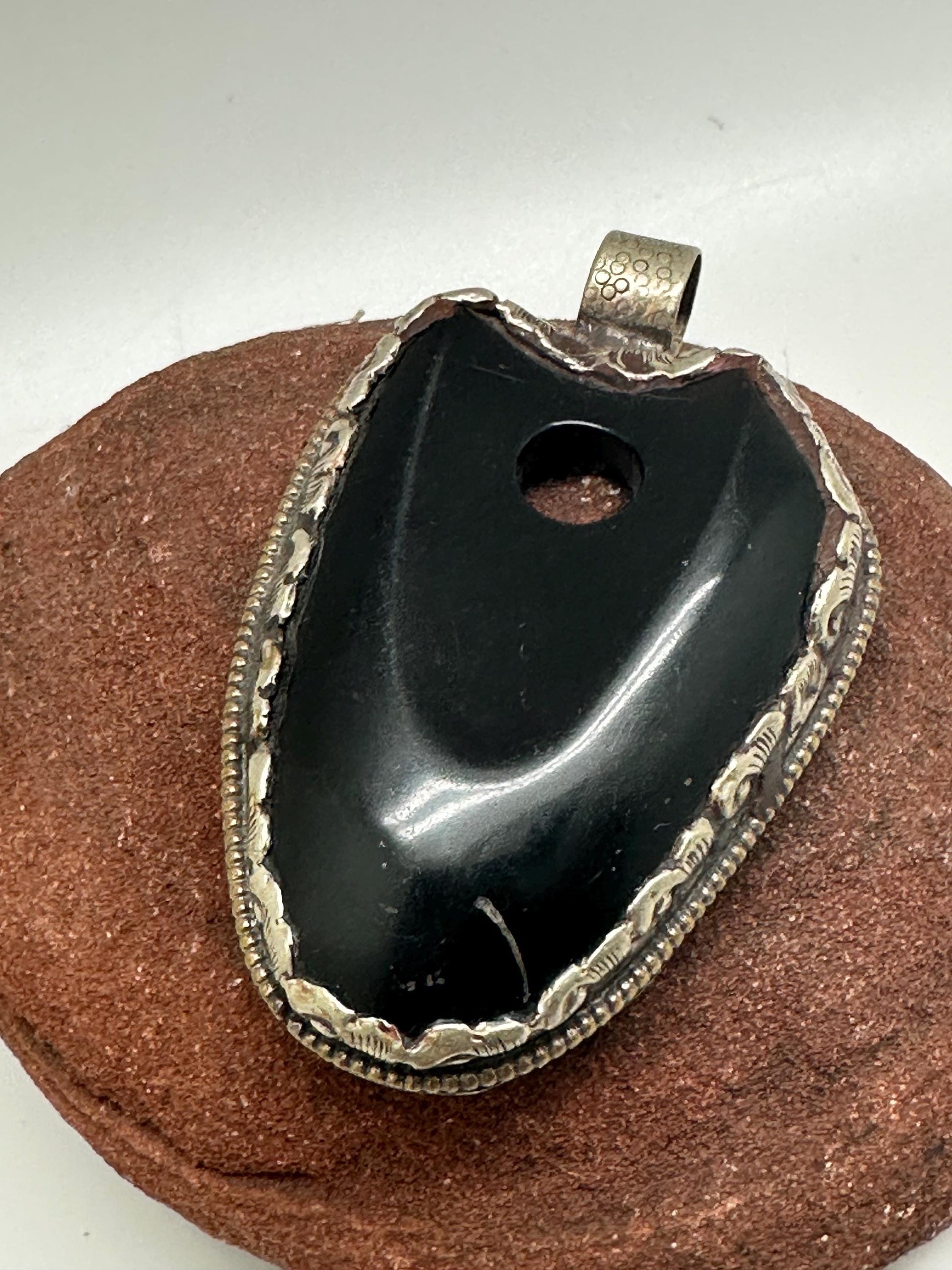 Large Black obsidian pendant, handcrafted,Tibetan silver,ethnic design,Nepalese