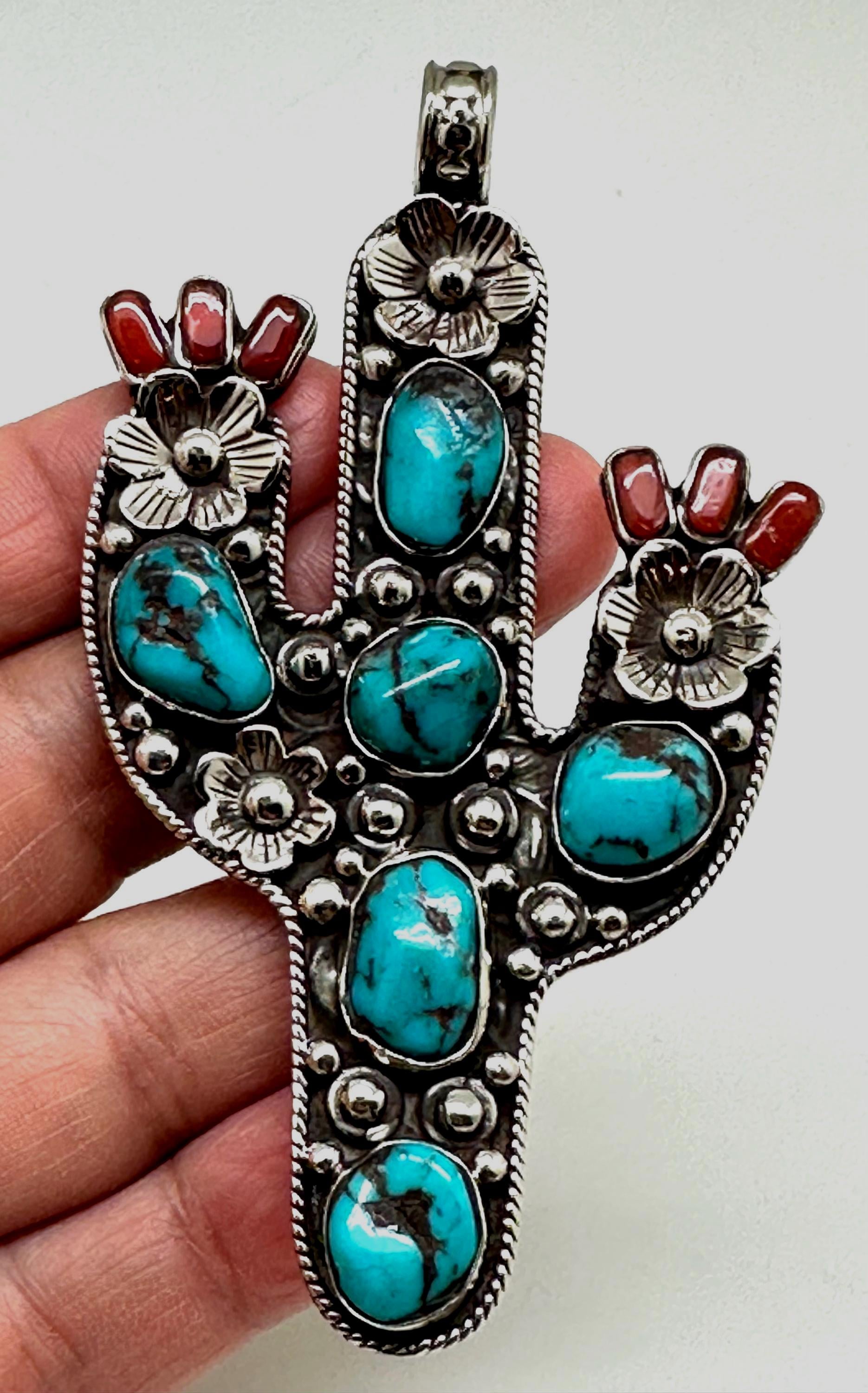 Handcrafted Tibetan Silver Cactus Pendant with Turquoise and Coral