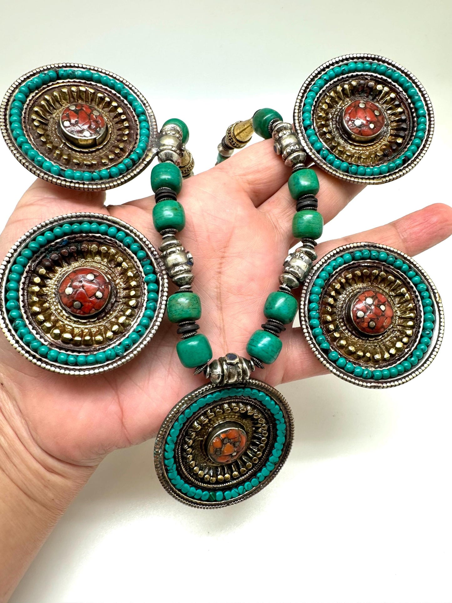 Handcrafted Tibetan Turquoise Coral Necklace, Brass Ethnic Pendant