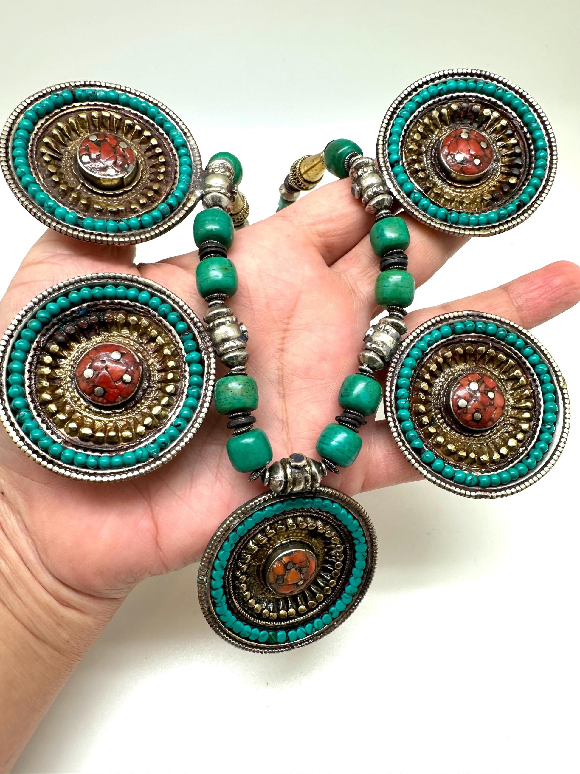 Handcrafted Tibetan Turquoise Coral Necklace, Brass Ethnic Pendant