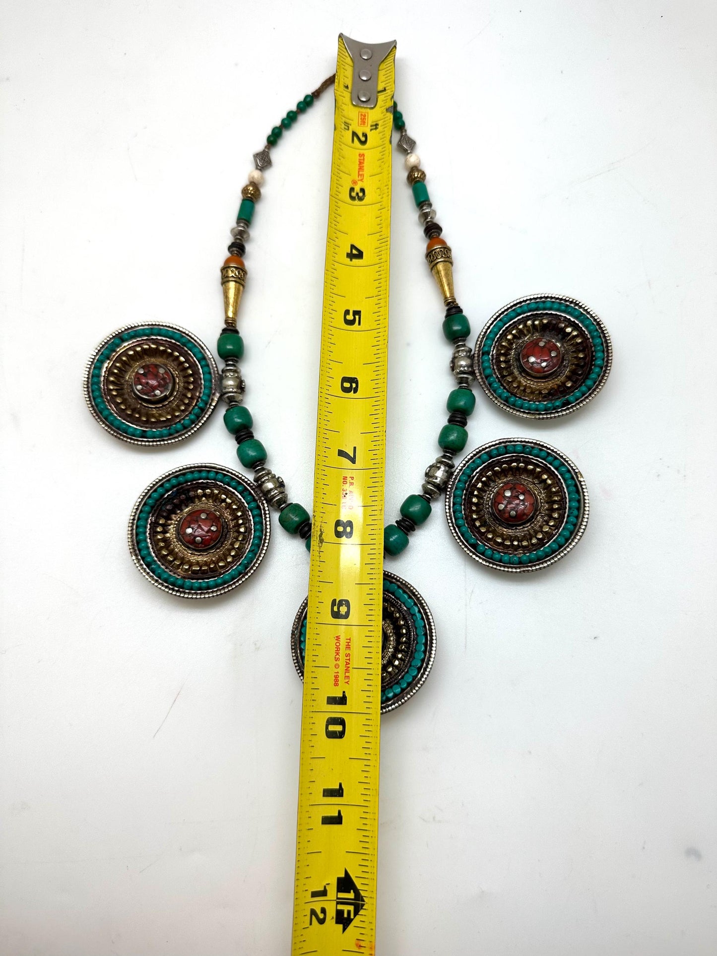 Handcrafted Tibetan Turquoise Coral Necklace, Brass Ethnic Pendant