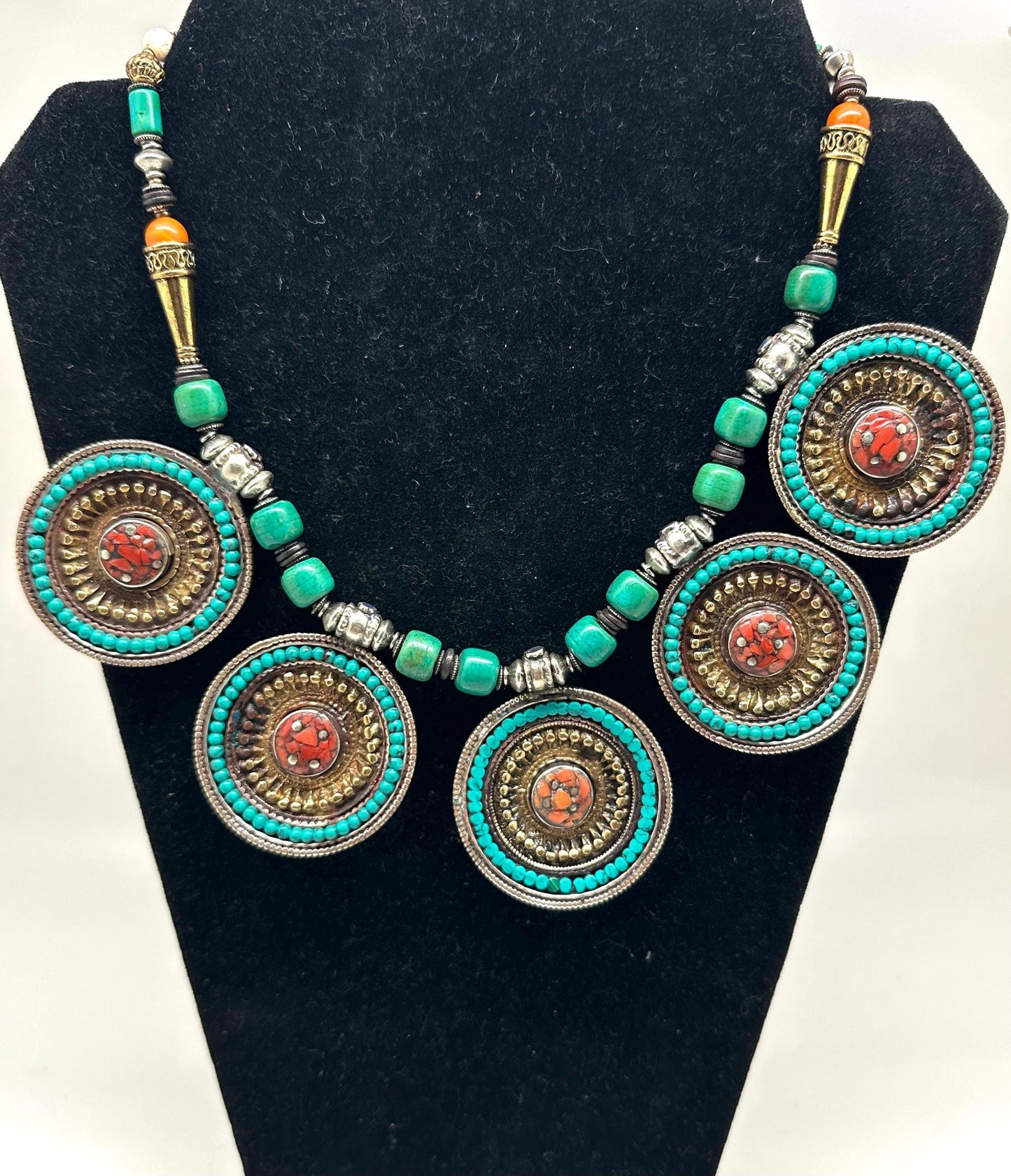 Handcrafted Tibetan Turquoise Coral Necklace, Brass Ethnic Pendant
