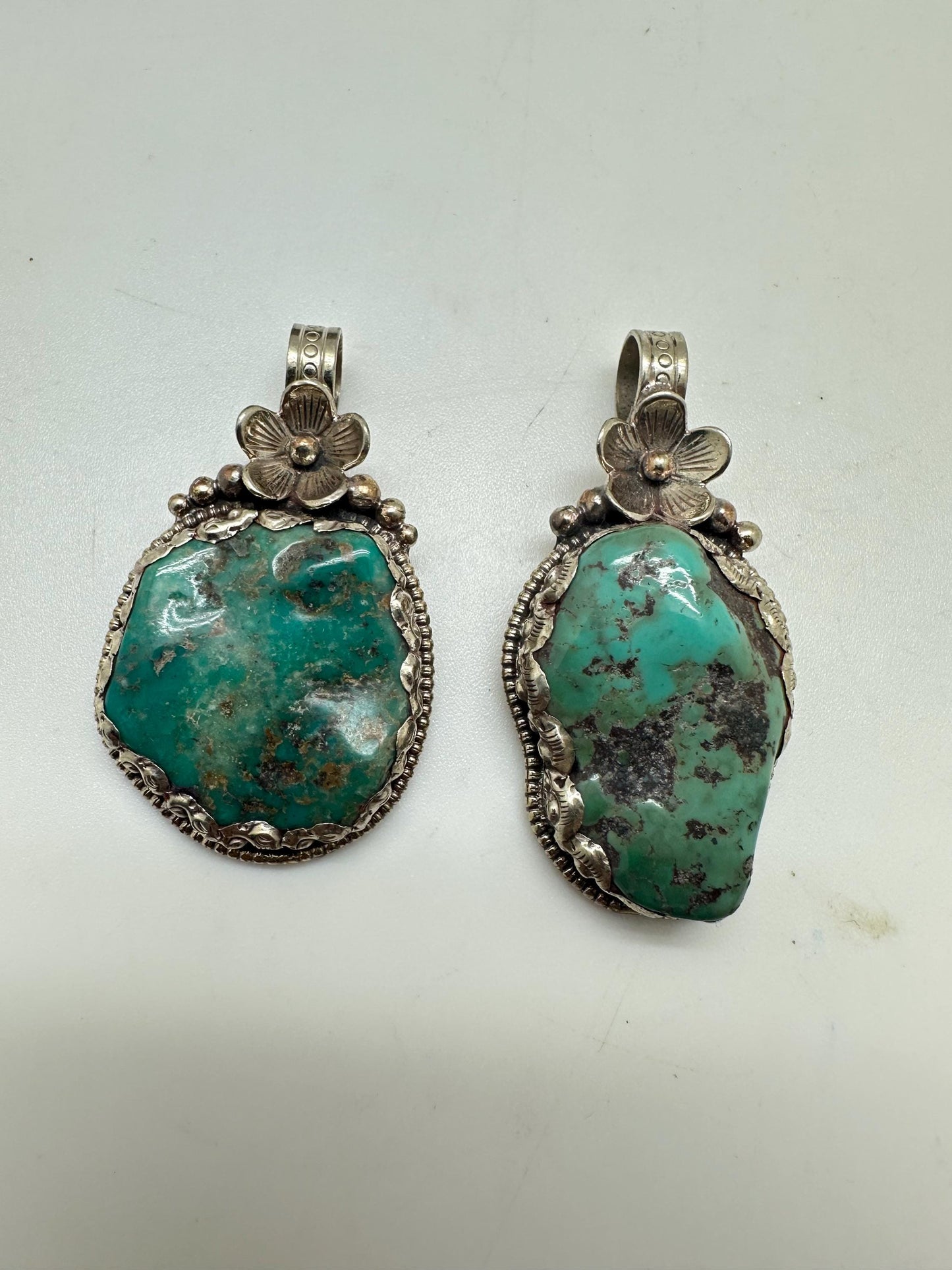 Turquoise pendant, handcrafted,Tibetan reposse silver, floral design, ethnic style