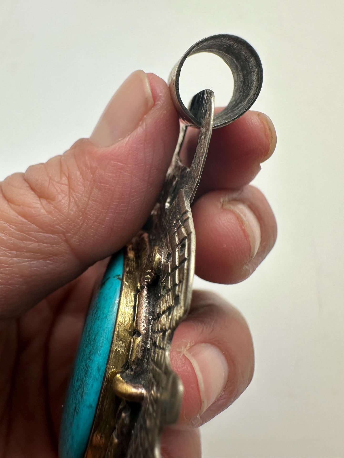 Large turquoise pendant,howlite turquoise,handcrafted,Tibetan silver,77mmX50mm