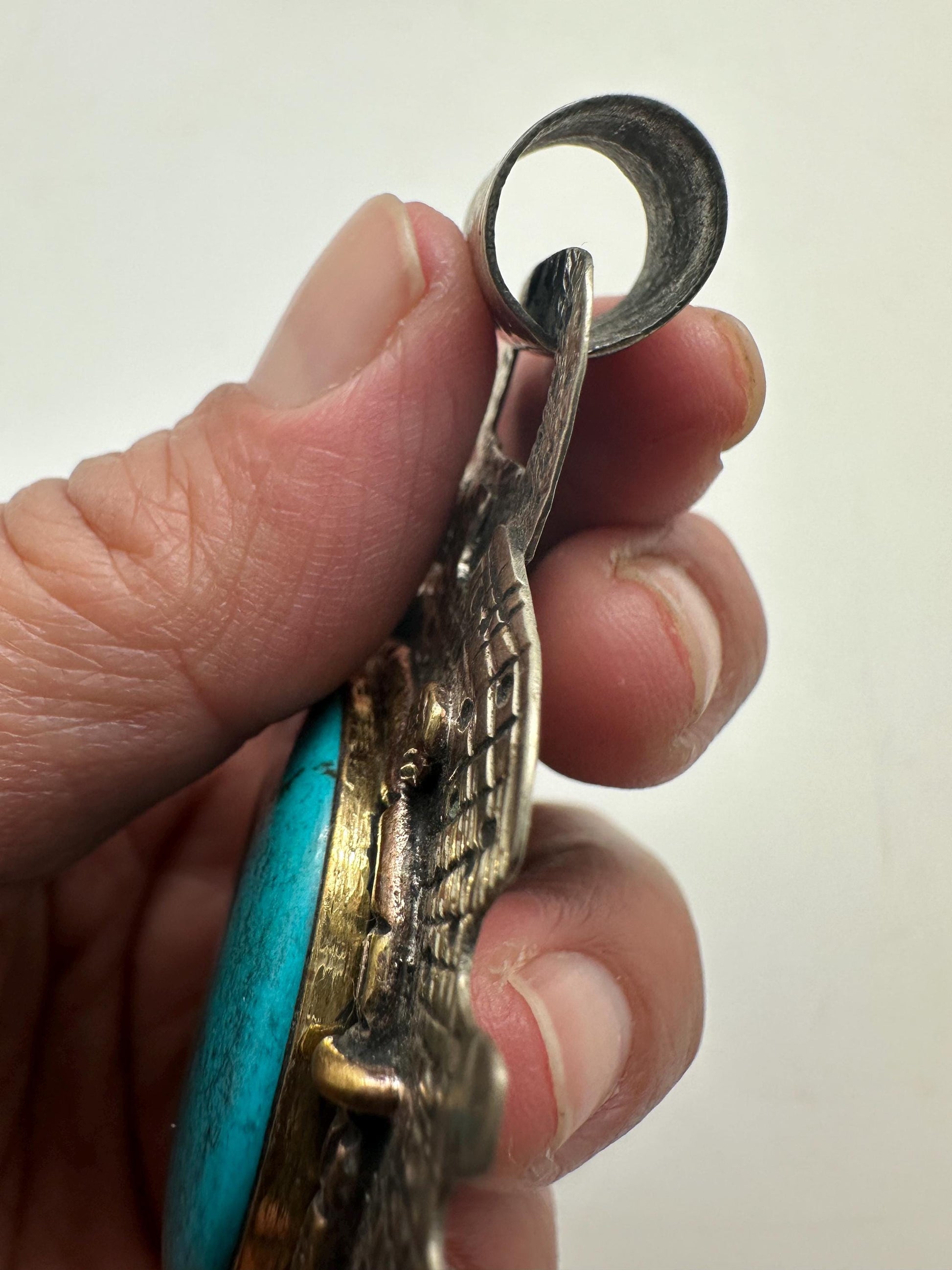 Large turquoise pendant,howlite turquoise,handcrafted,Tibetan silver,77mmX50mm