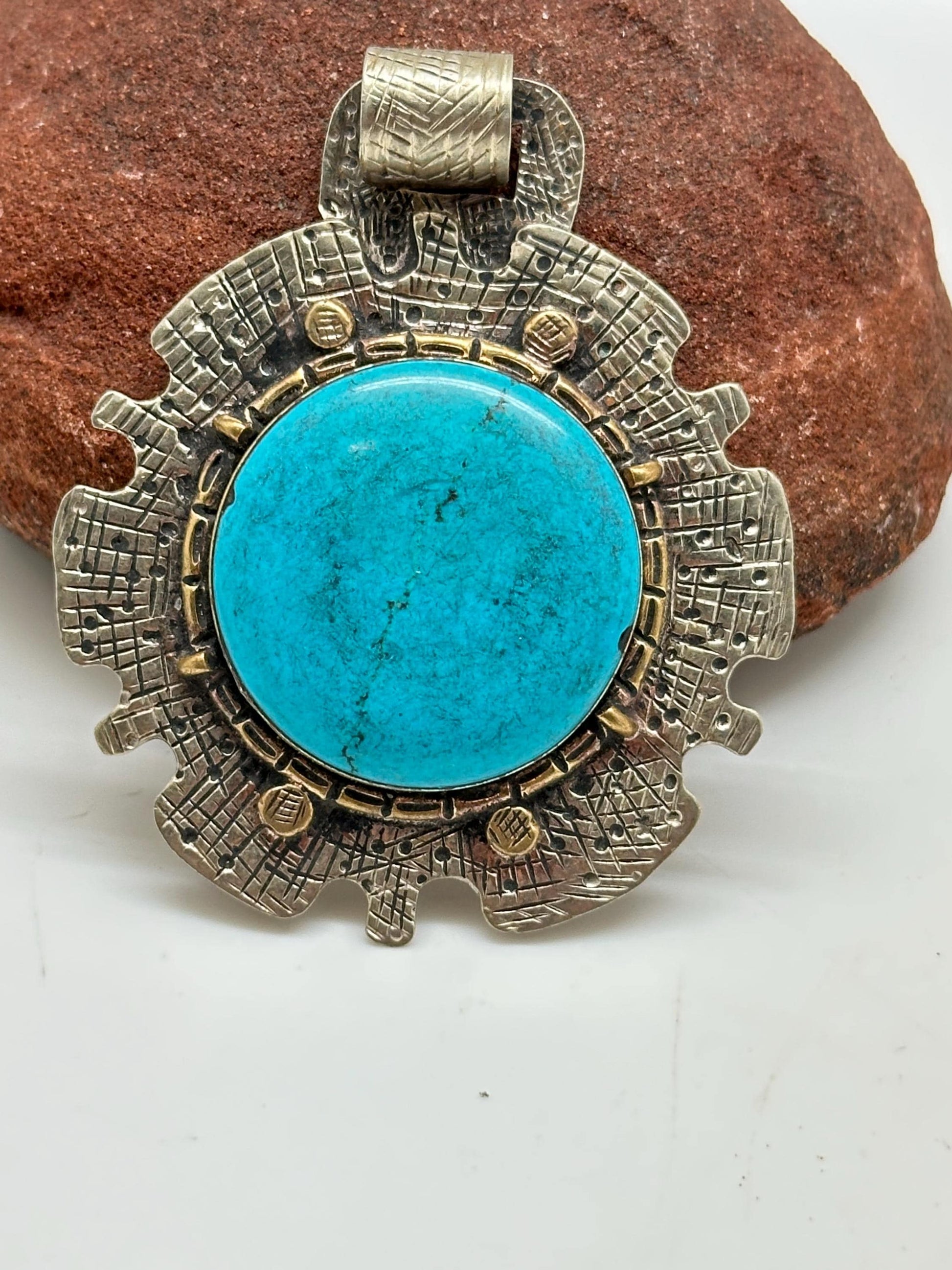 Large turquoise pendant,howlite turquoise,handcrafted,Tibetan silver,77mmX50mm