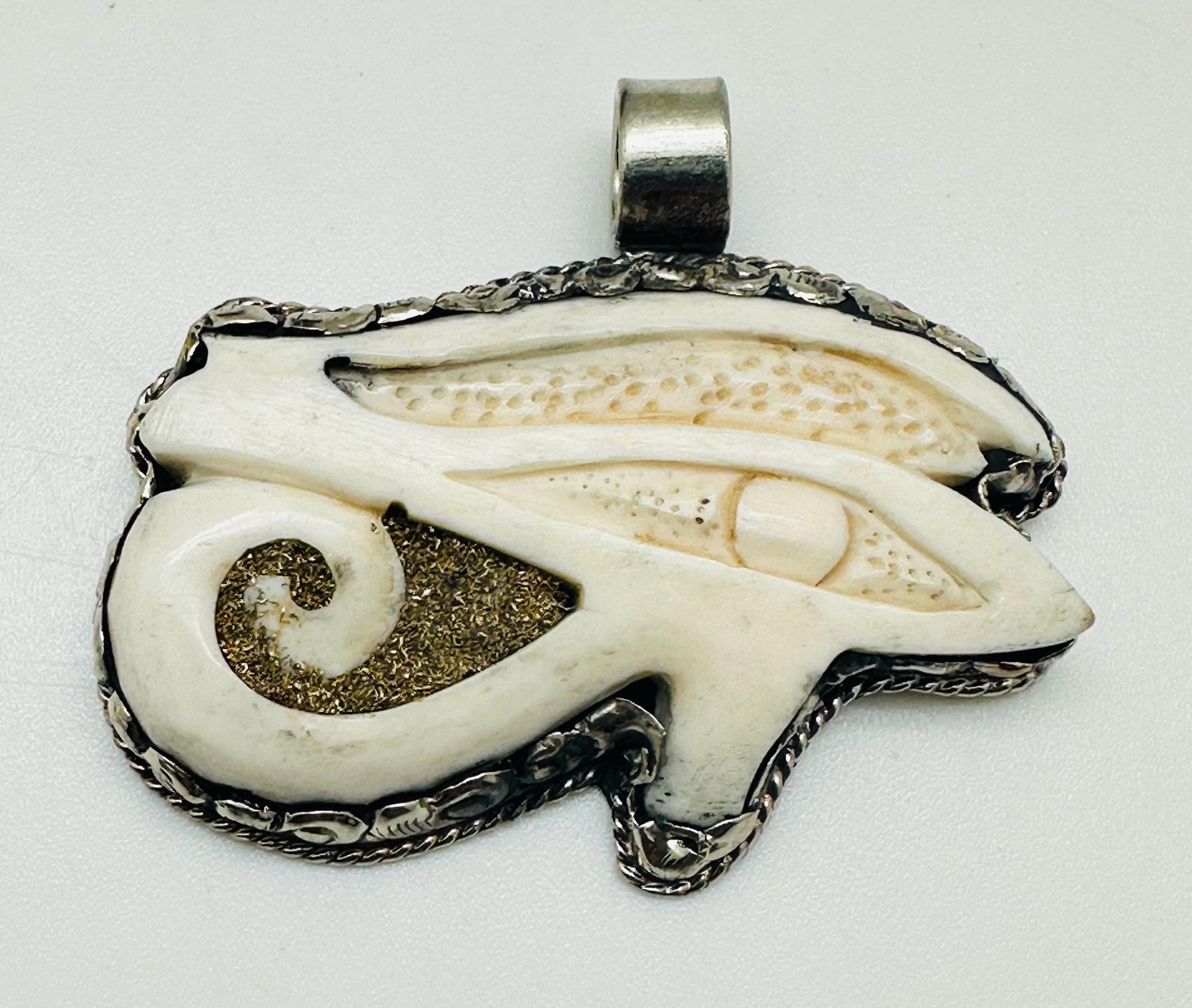 Eye of Horus pendant, Bone carved pendant,handcrafted,Tibetan silver, protection,59mmX49mm