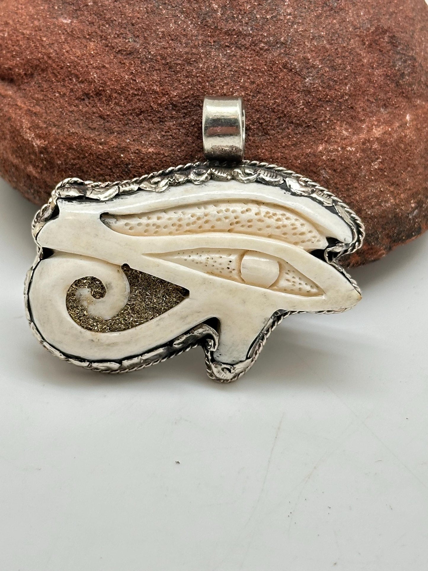 Eye of Horus pendant, Bone carved pendant,handcrafted,Tibetan silver, protection,59mmX49mm