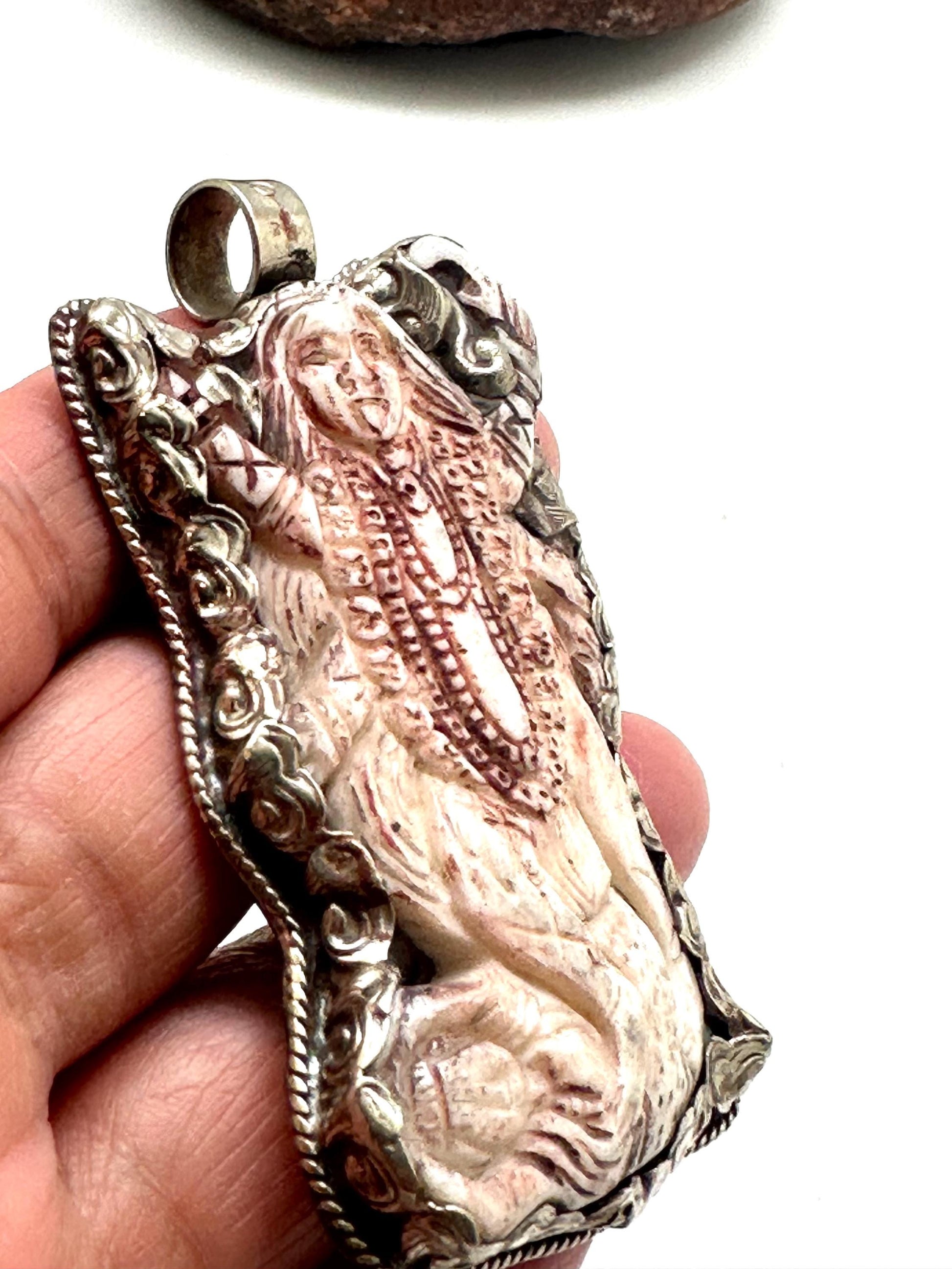 Bone carved Kali mata pendant,Goddess Kali,amulet, handcrafted,tibetan silver,Nepalese,69mmX39mm