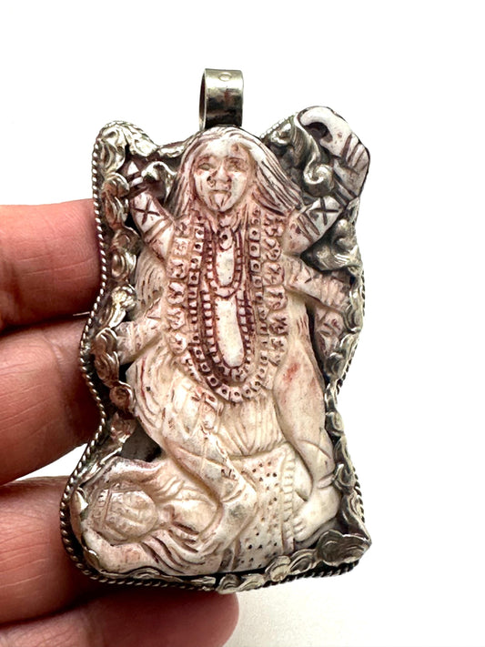 Bone carved Kali mata pendant,Goddess Kali,amulet, handcrafted,tibetan silver,Nepalese,69mmX39mm