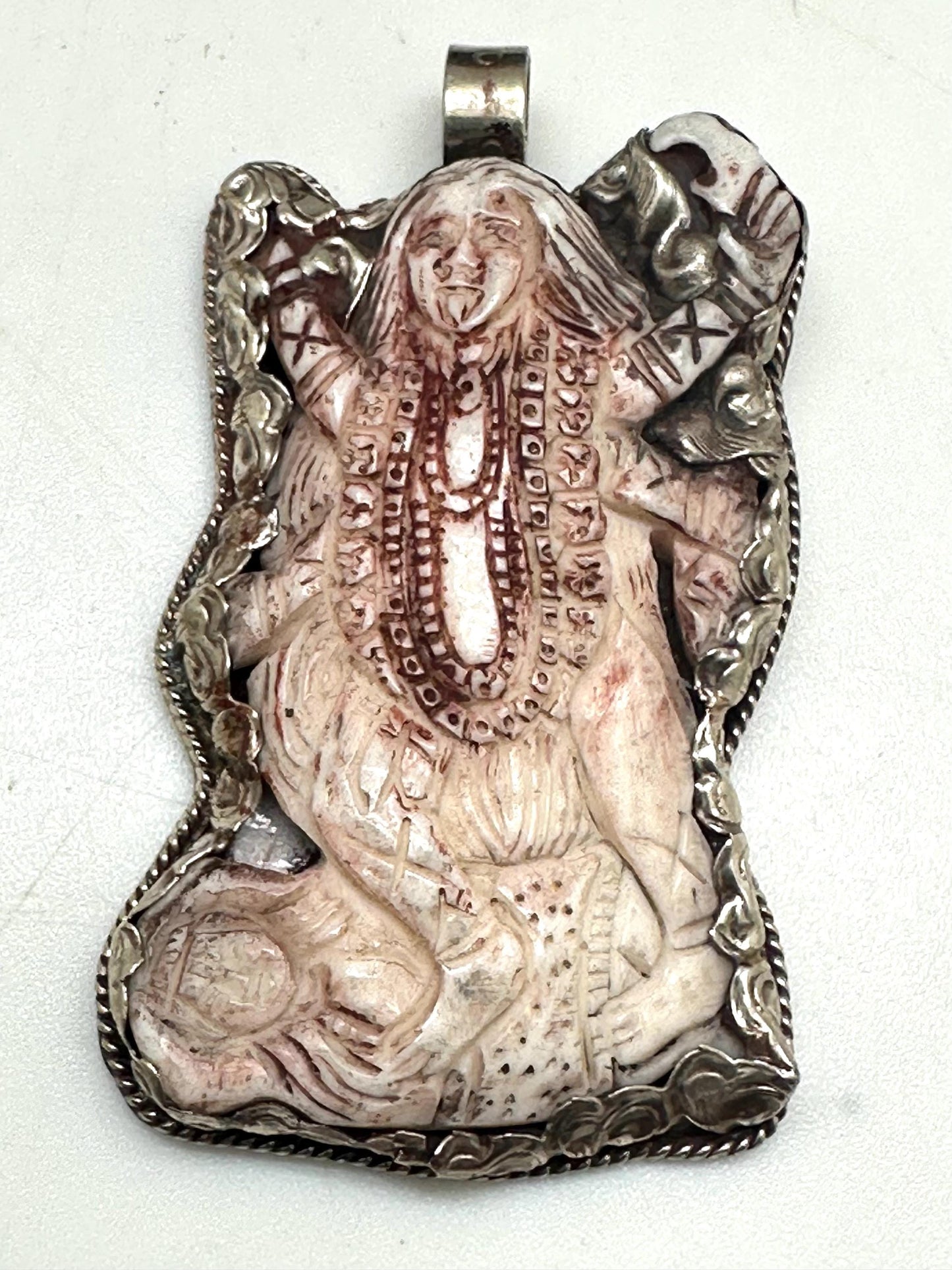 Bone carved Kali mata pendant,Goddess Kali,amulet, handcrafted,tibetan silver,Nepalese,69mmX39mm