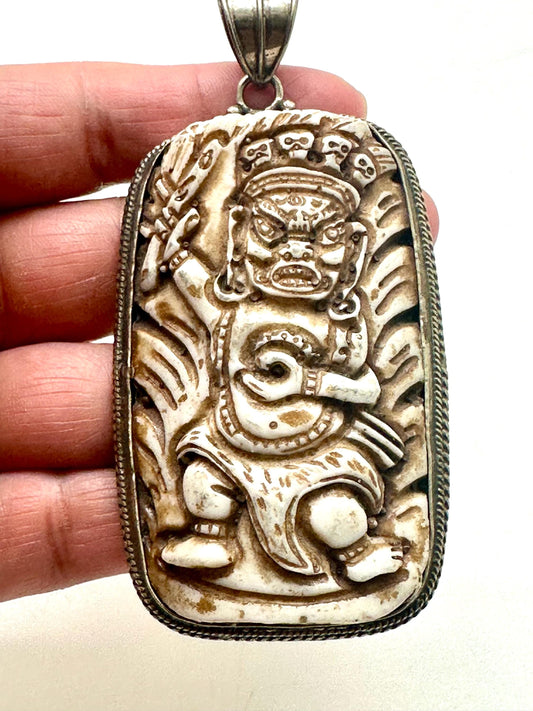 Bhairav pendant, bone carved, handcrafted, tibetan silver, amulet