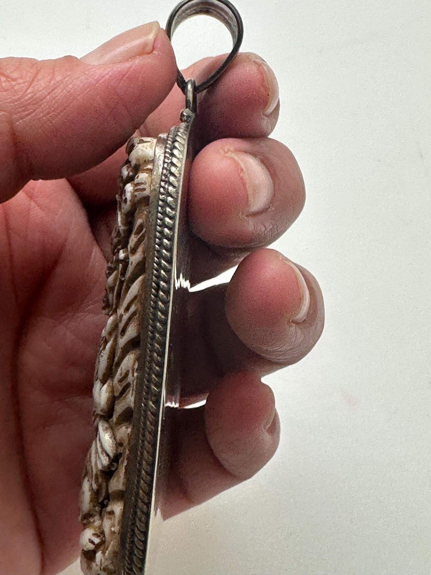 Bhairav pendant, bone carved, handcrafted, tibetan silver, amulet