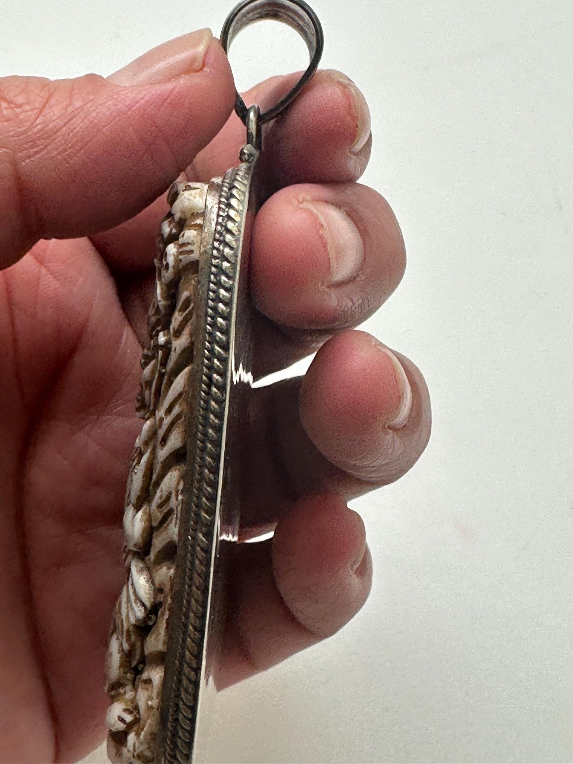 Bhairav pendant, bone carved, handcrafted, tibetan silver, amulet