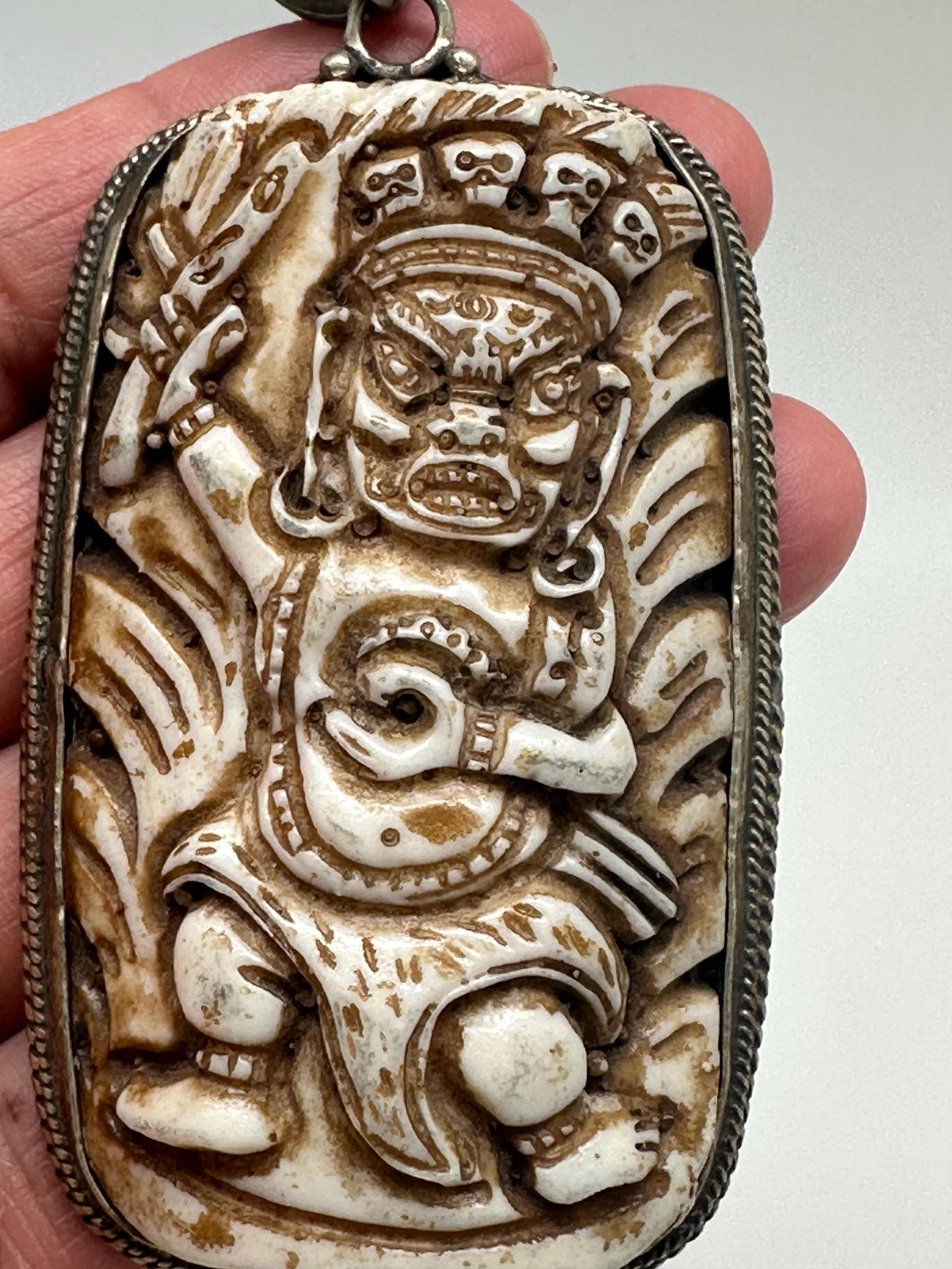 Bhairav pendant, bone carved, handcrafted, tibetan silver, amulet