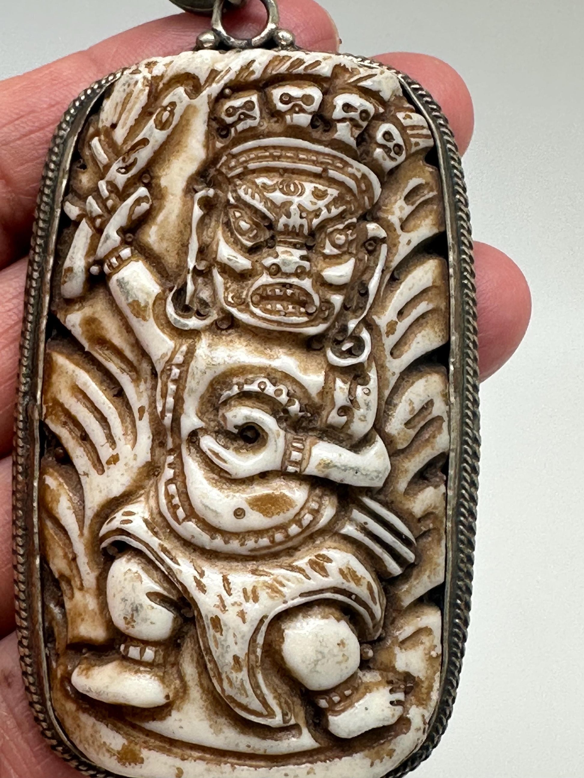 Bhairav pendant, bone carved, handcrafted, tibetan silver, amulet