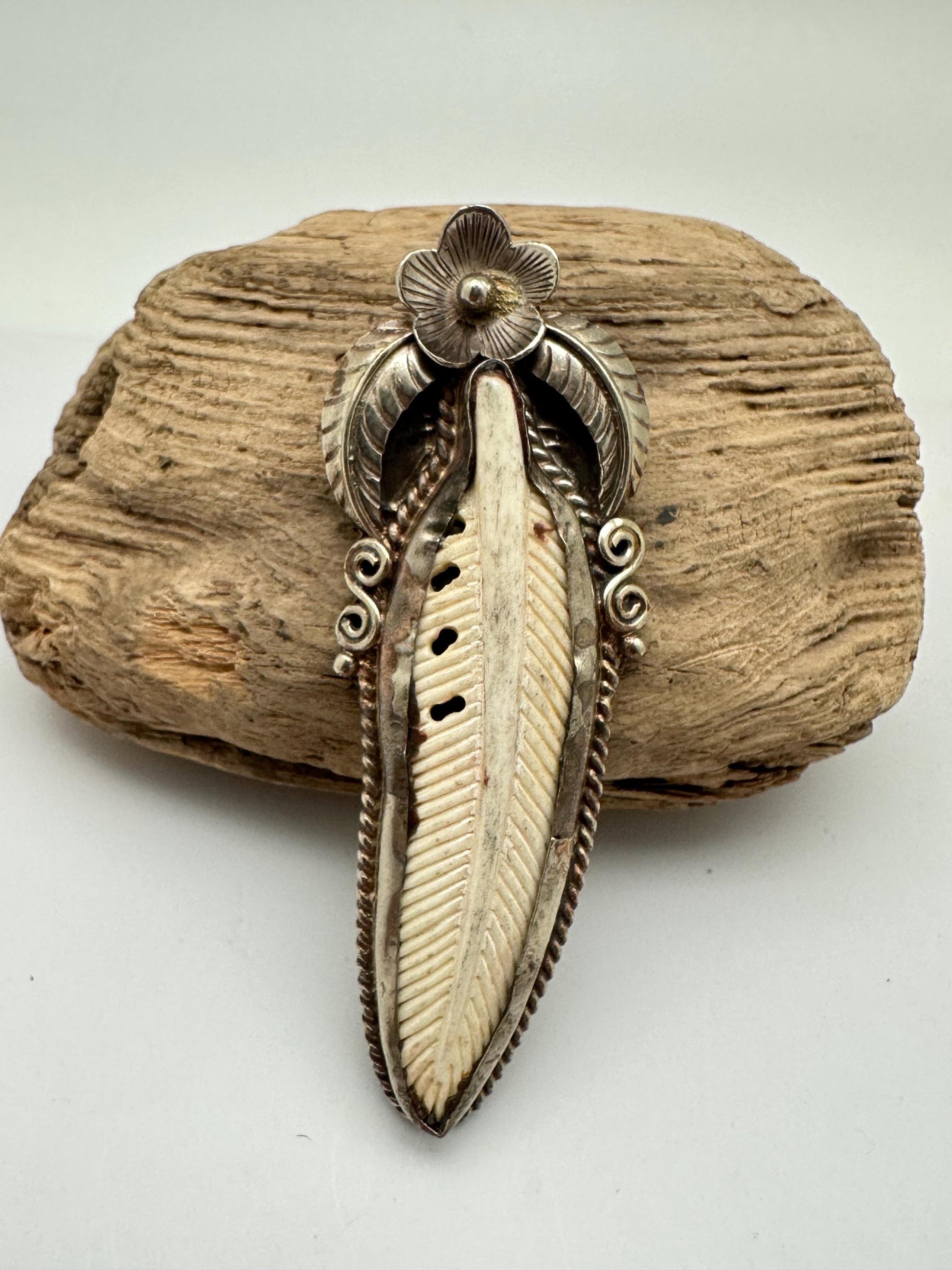 Bone carved feather pendant, handcrafted, Tibetan silver,floral design,ethnic style
