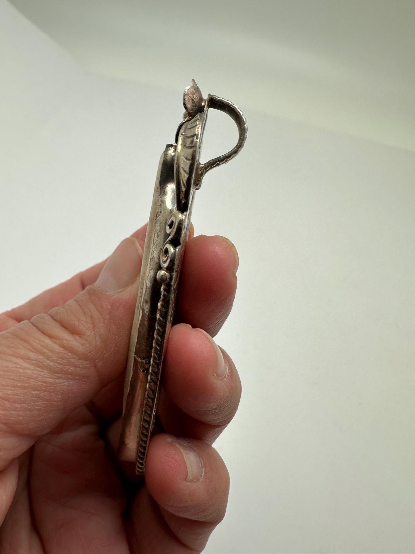 Bone carved feather pendant, handcrafted, Tibetan silver,floral design,ethnic style