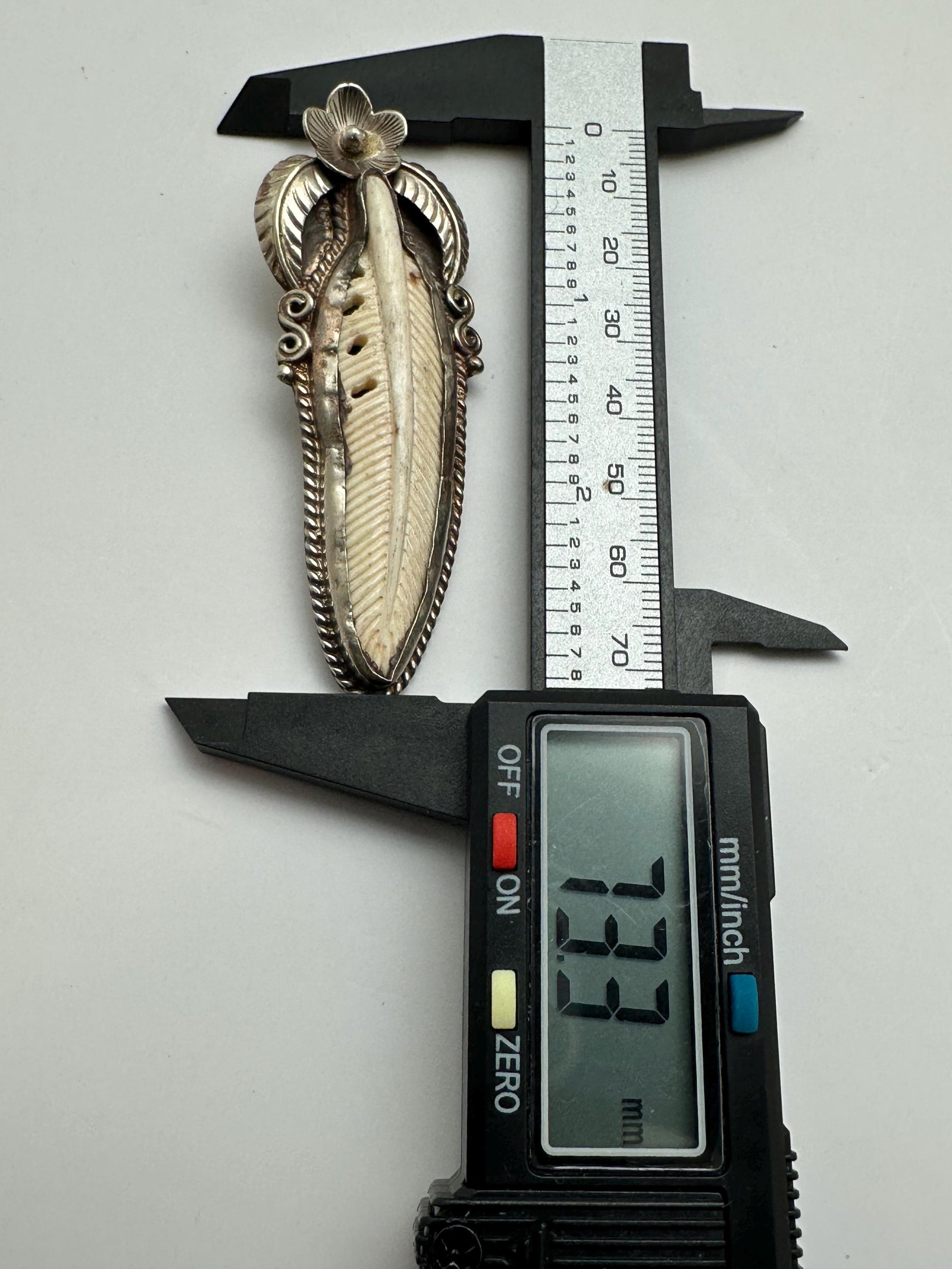 Bone carved feather pendant, handcrafted, Tibetan silver,floral design,ethnic style