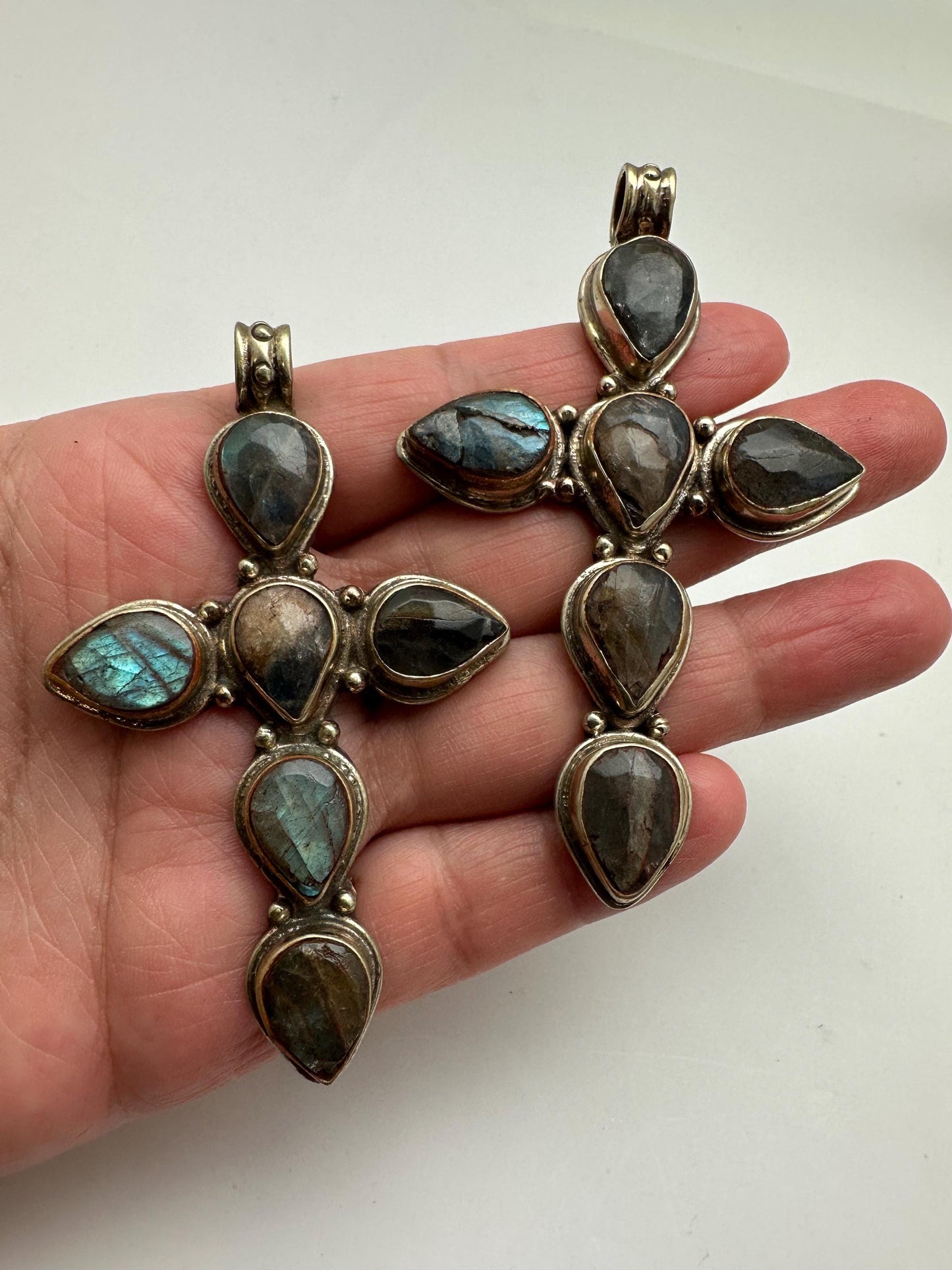 labradorite cross pendant, master handcrafted, Tibetan repousse silver,