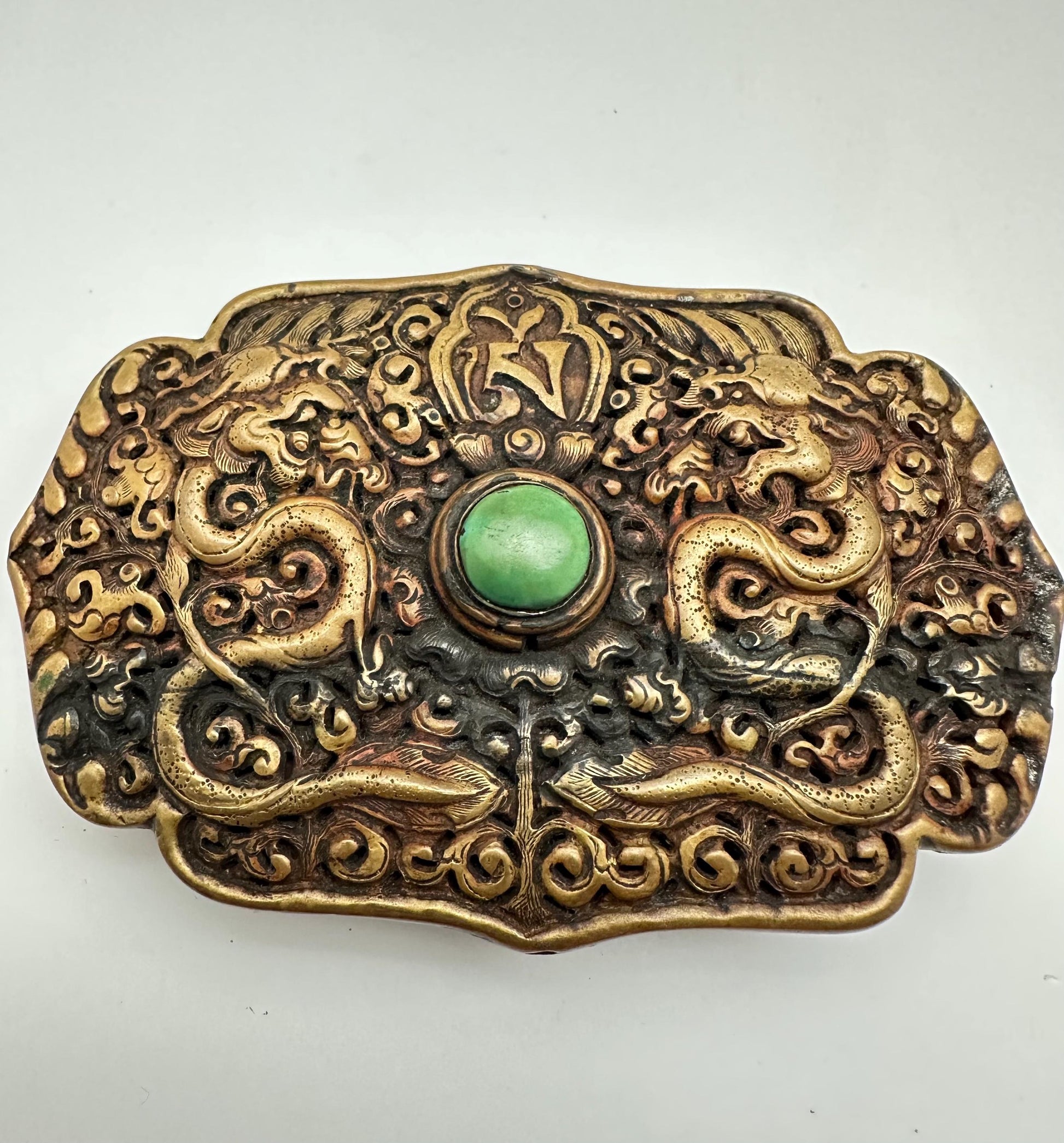Handcrafted Brass Double Dragon Belt Buckle, Turquoise Stone, Ethnic Style