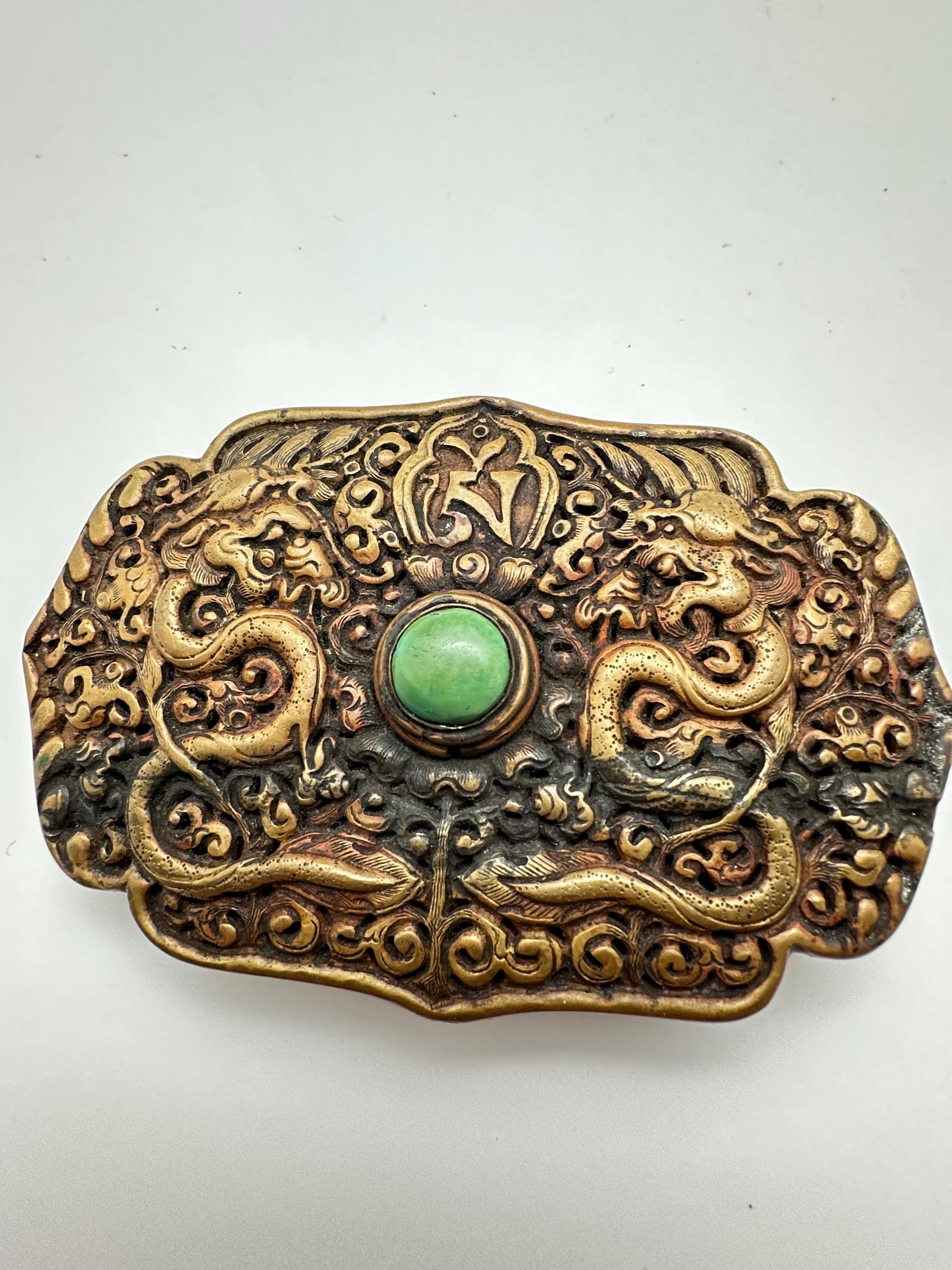 Handcrafted Brass Double Dragon Belt Buckle, Turquoise Stone, Ethnic Style