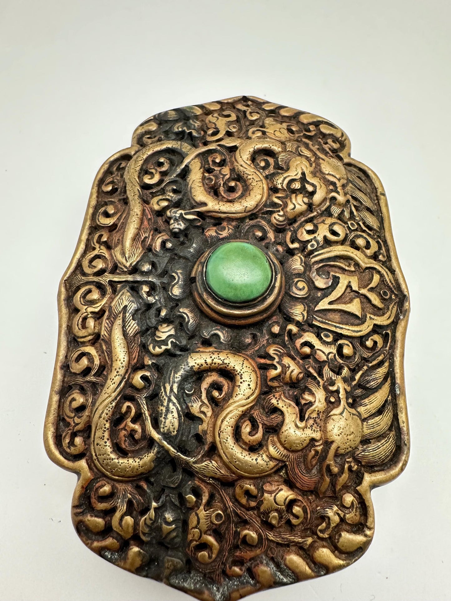 Handcrafted Brass Double Dragon Belt Buckle, Turquoise Stone, Ethnic Style