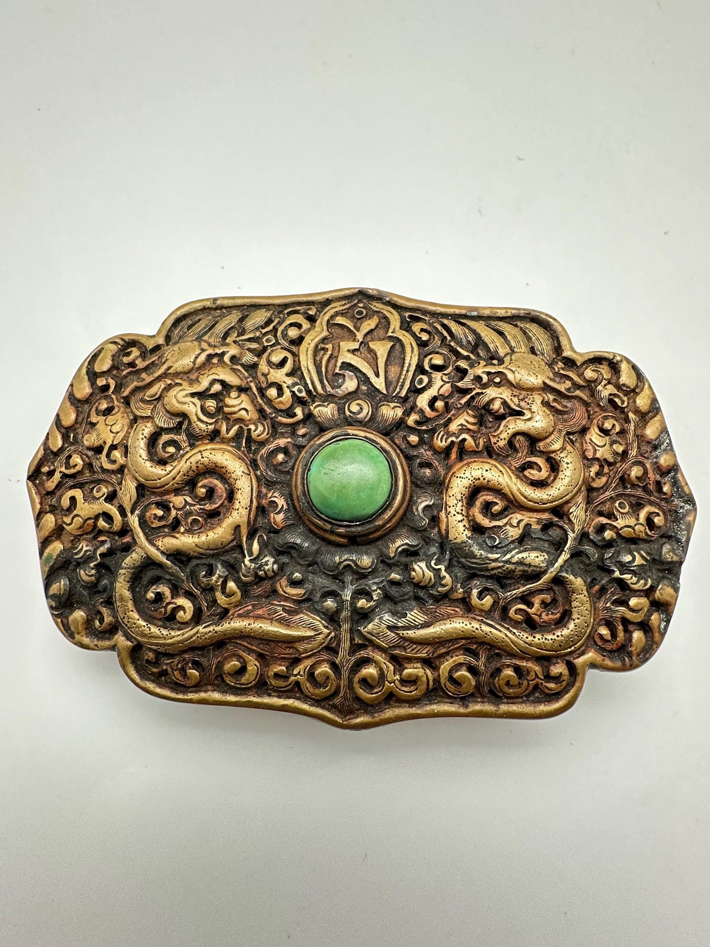 Handcrafted Brass Double Dragon Belt Buckle, Turquoise Stone, Ethnic Style