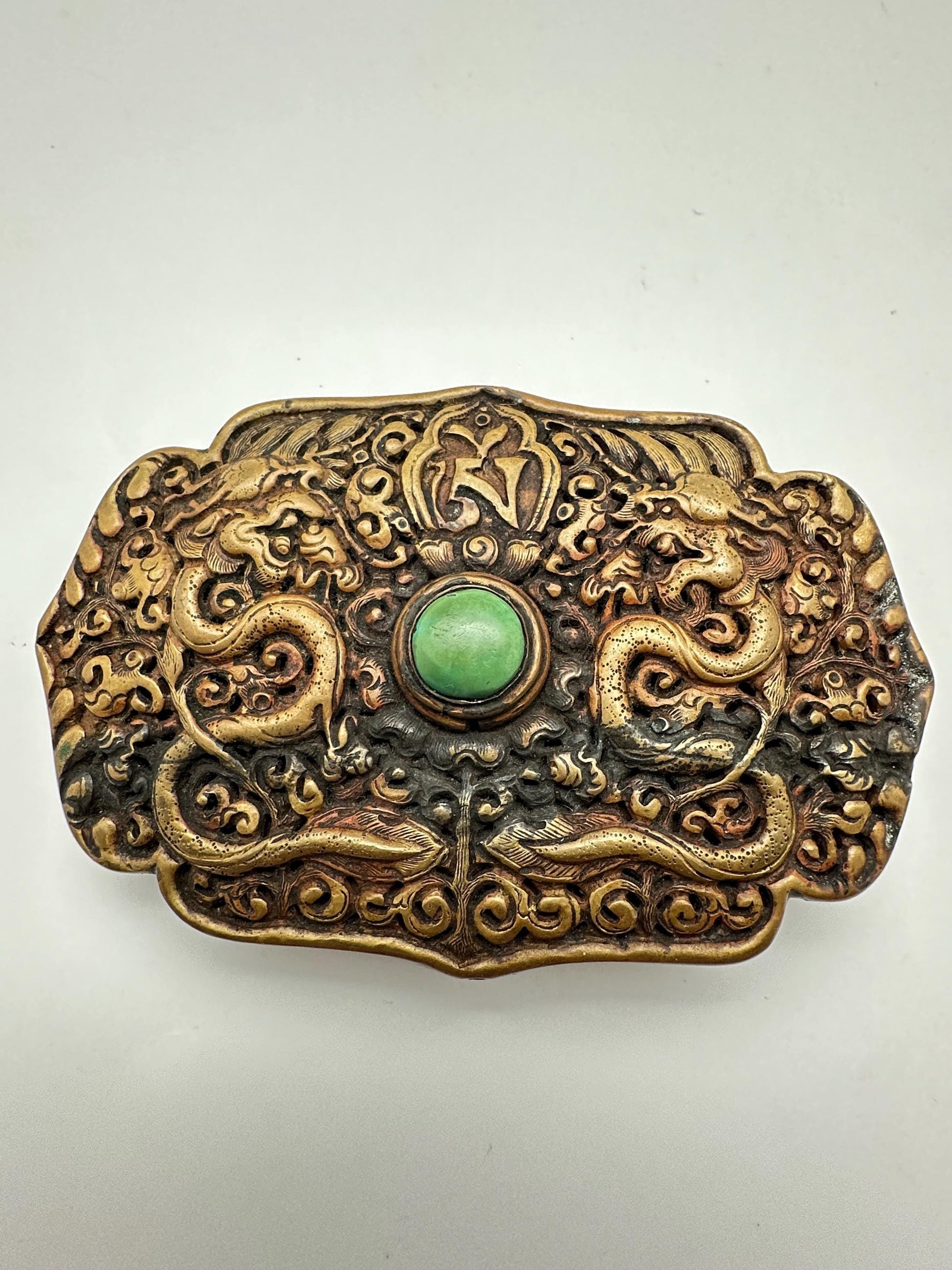 Handcrafted Brass Double Dragon Belt Buckle, Turquoise Stone, Ethnic Style