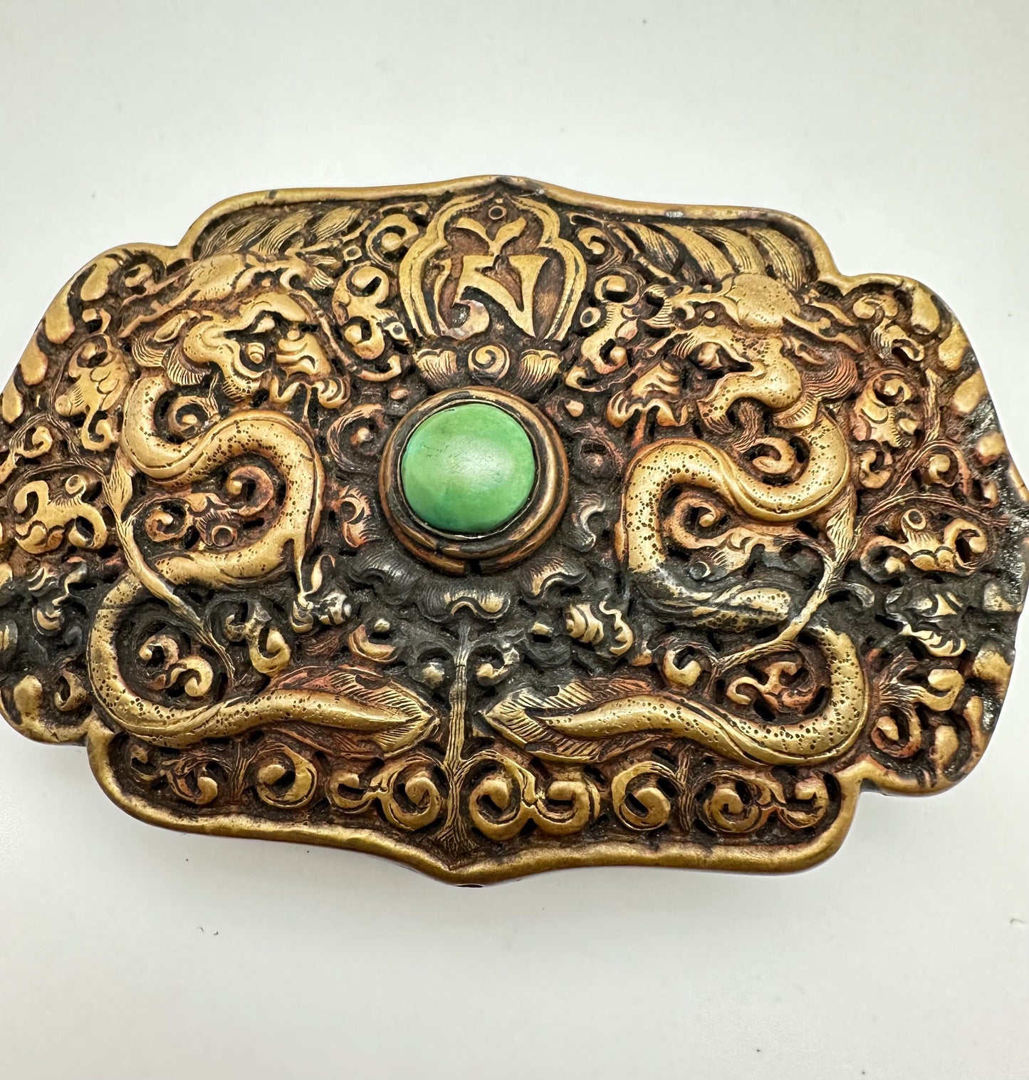 Handcrafted Brass Double Dragon Belt Buckle, Turquoise Stone, Ethnic Style
