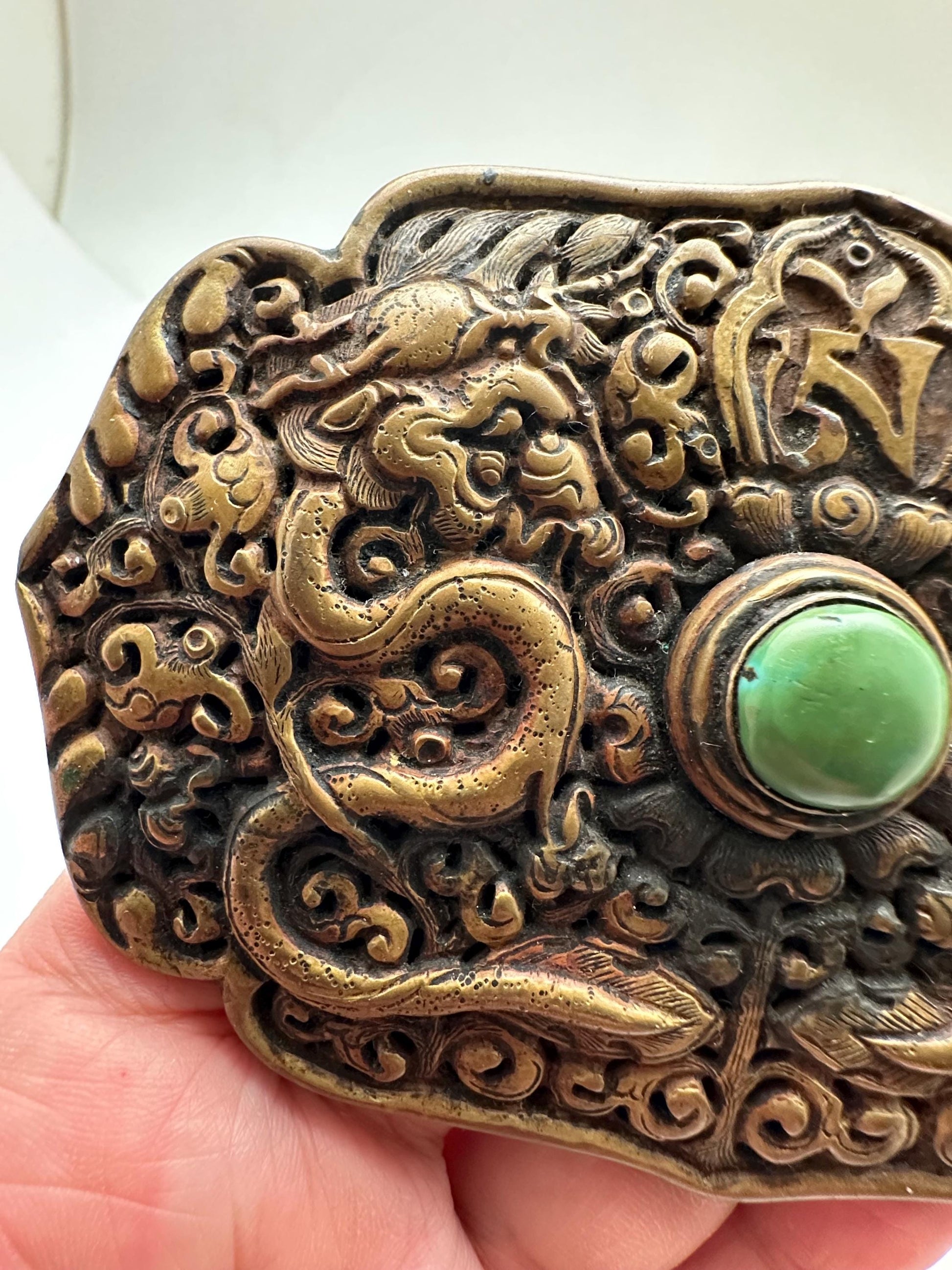 Handcrafted Brass Double Dragon Belt Buckle, Turquoise Stone, Ethnic Style