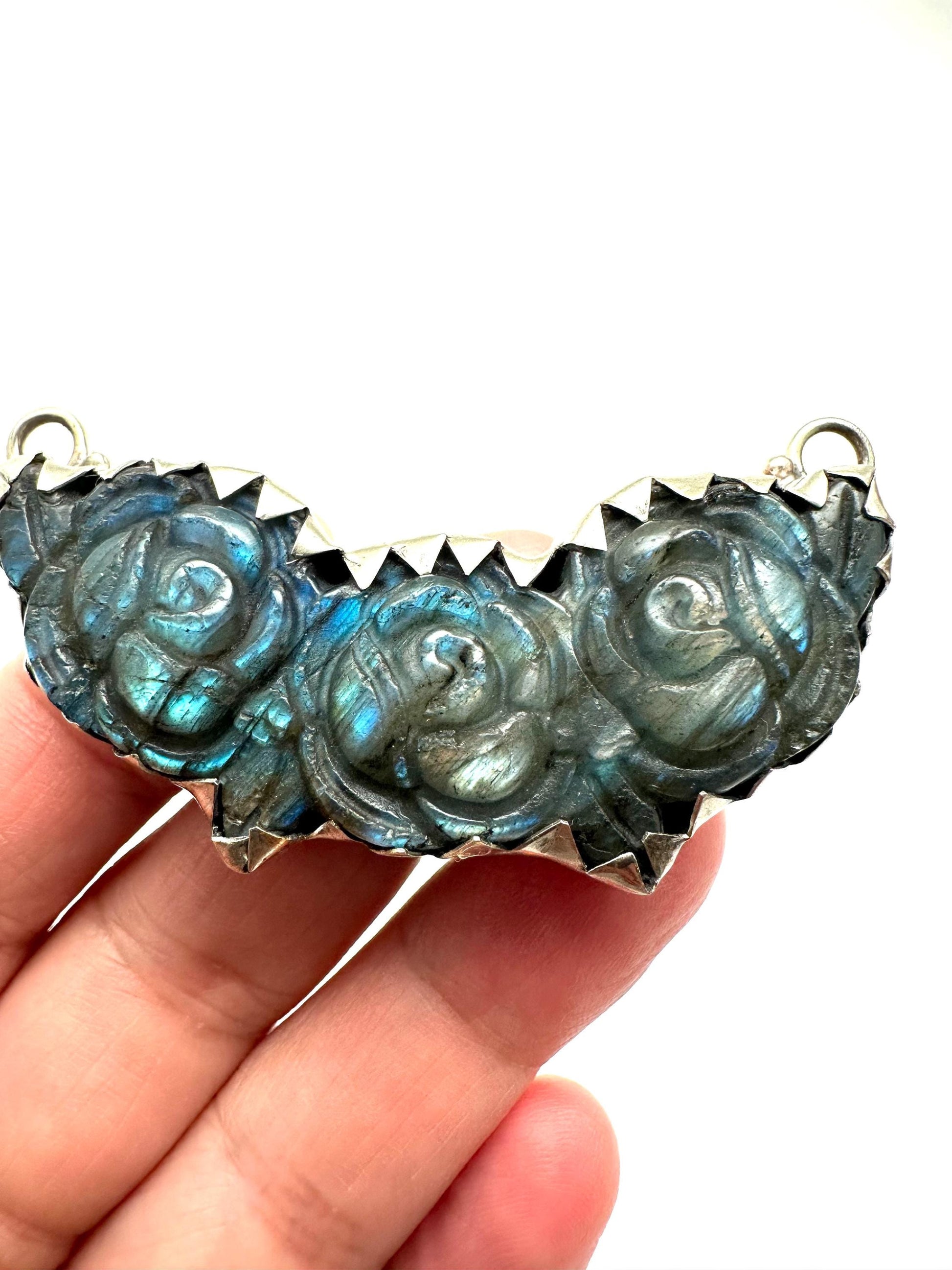 Handcrafted Labradorite Rose Pendant, Tibetan Silver, Nepal