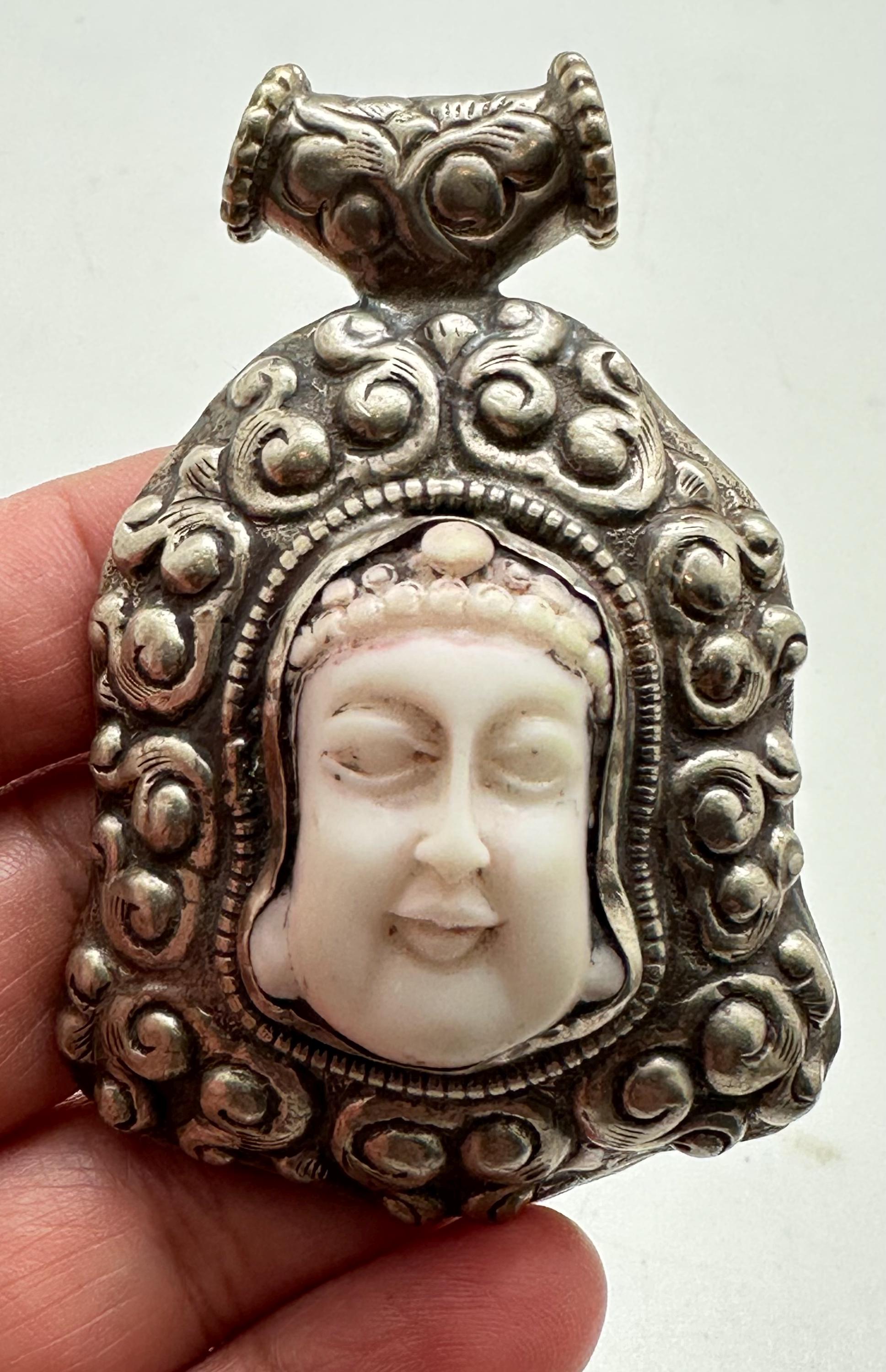 Buddha pendant, large pendant, buddha face, handcrafted,white resin,tibetan repousse silver,amulet,66X43mm
