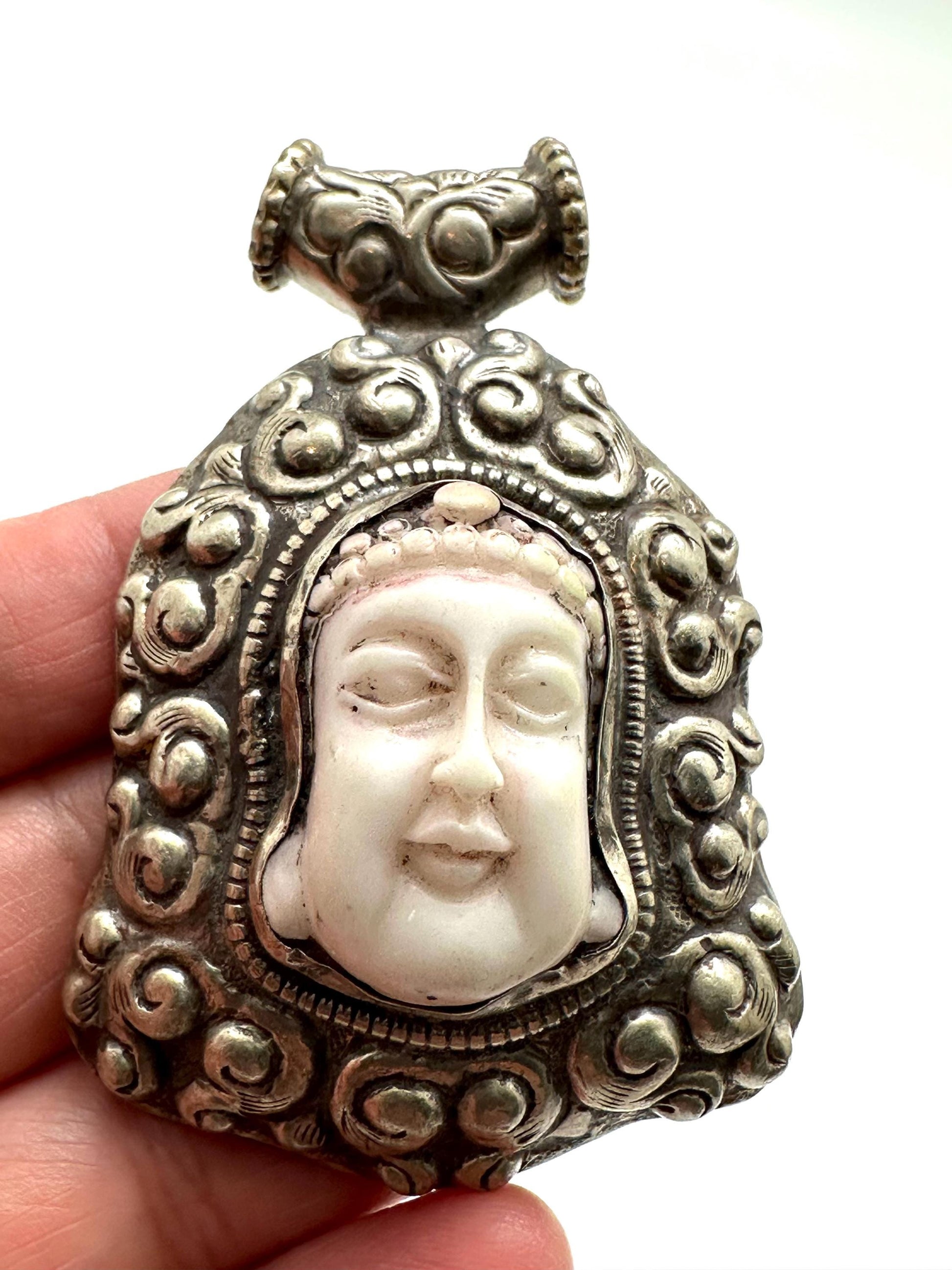 Buddha pendant, large pendant, buddha face, handcrafted,white resin,tibetan repousse silver,amulet,66X43mm