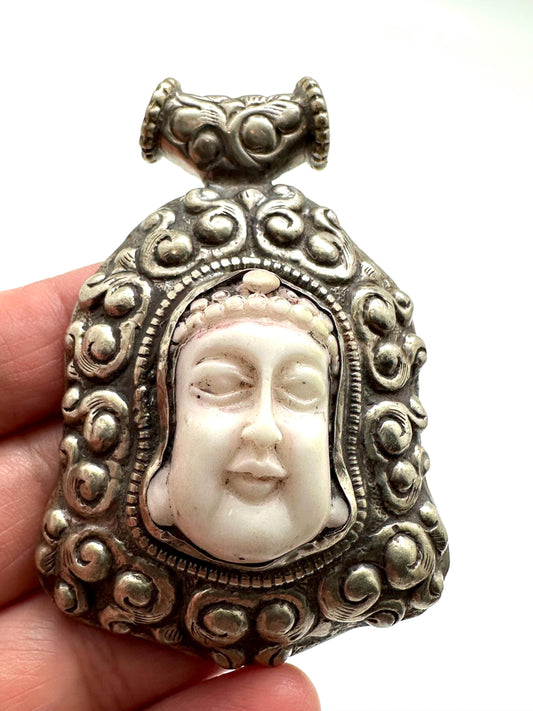 Buddha pendant, large pendant, buddha face, handcrafted,white resin,tibetan repousse silver,amulet,66X43mm