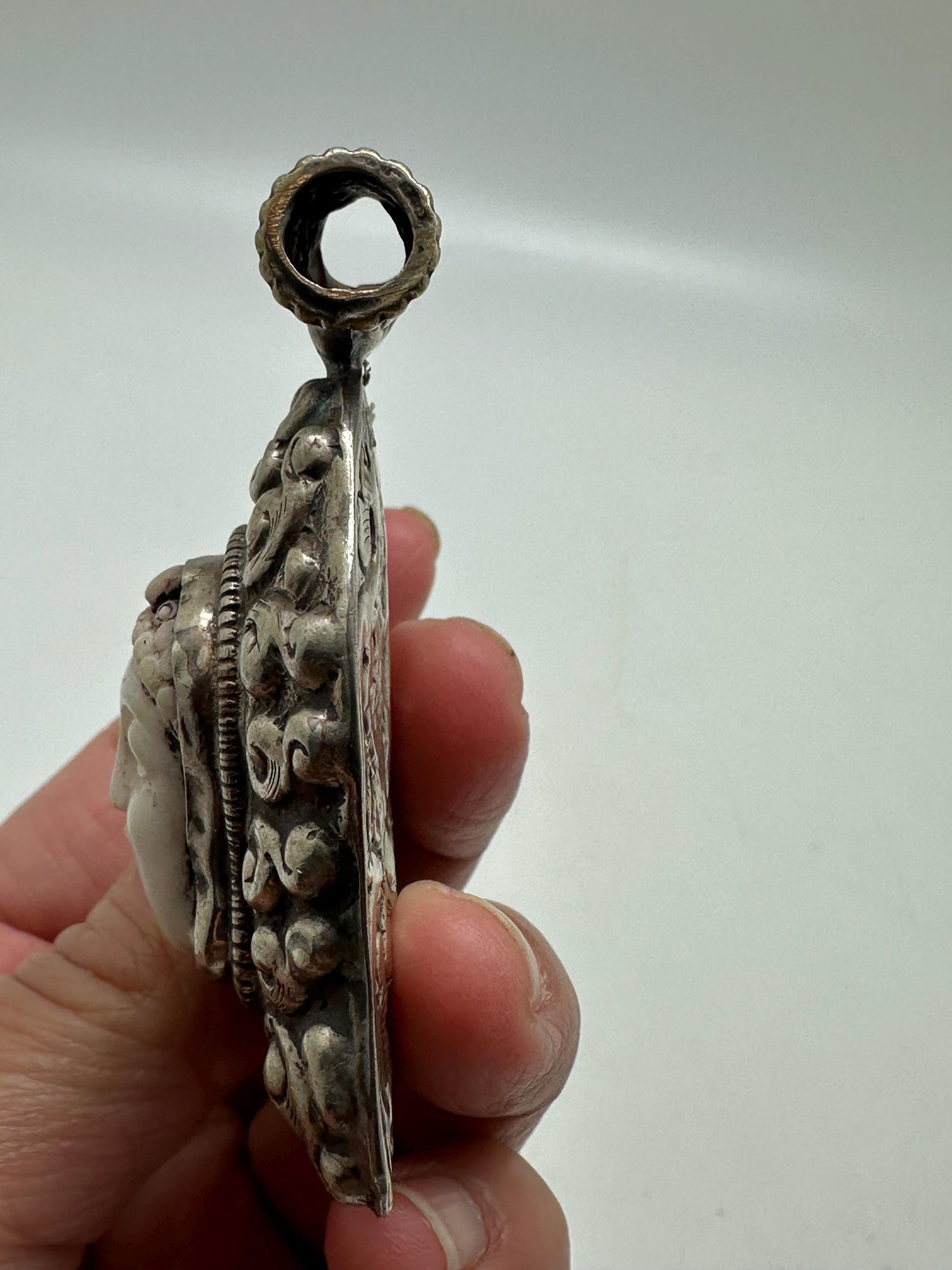 Buddha pendant, large pendant, buddha face, handcrafted,white resin,tibetan repousse silver,amulet,66X43mm