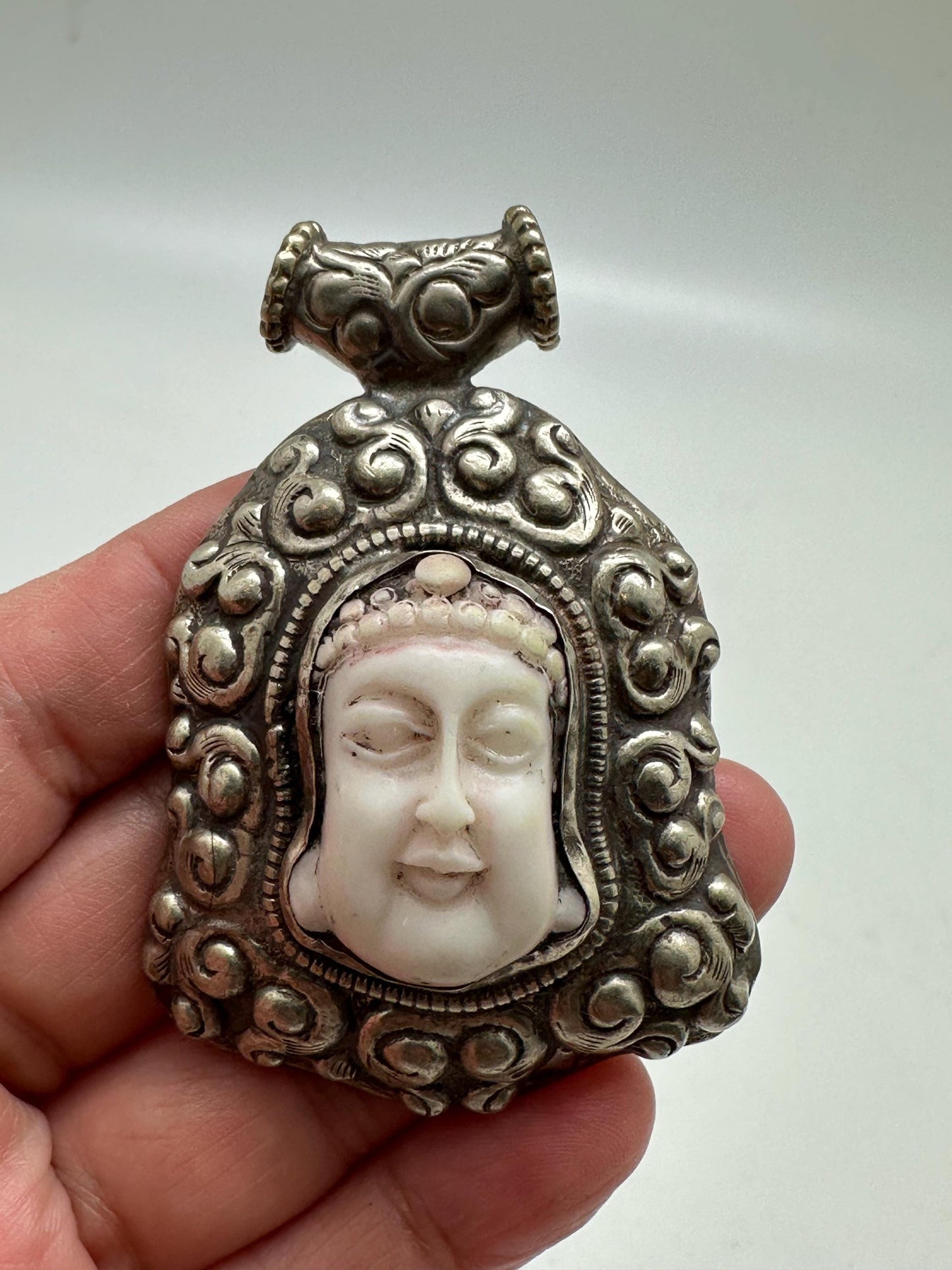Buddha pendant, large pendant, buddha face, handcrafted,white resin,tibetan repousse silver,amulet,66X43mm