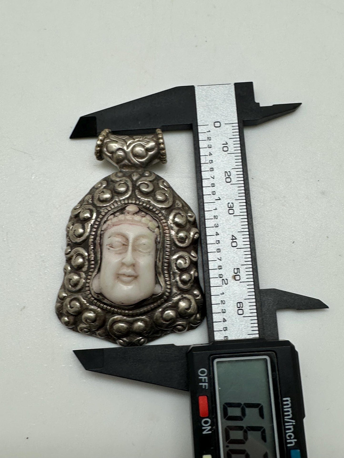 Buddha pendant, large pendant, buddha face, handcrafted,white resin,tibetan repousse silver,amulet,66X43mm