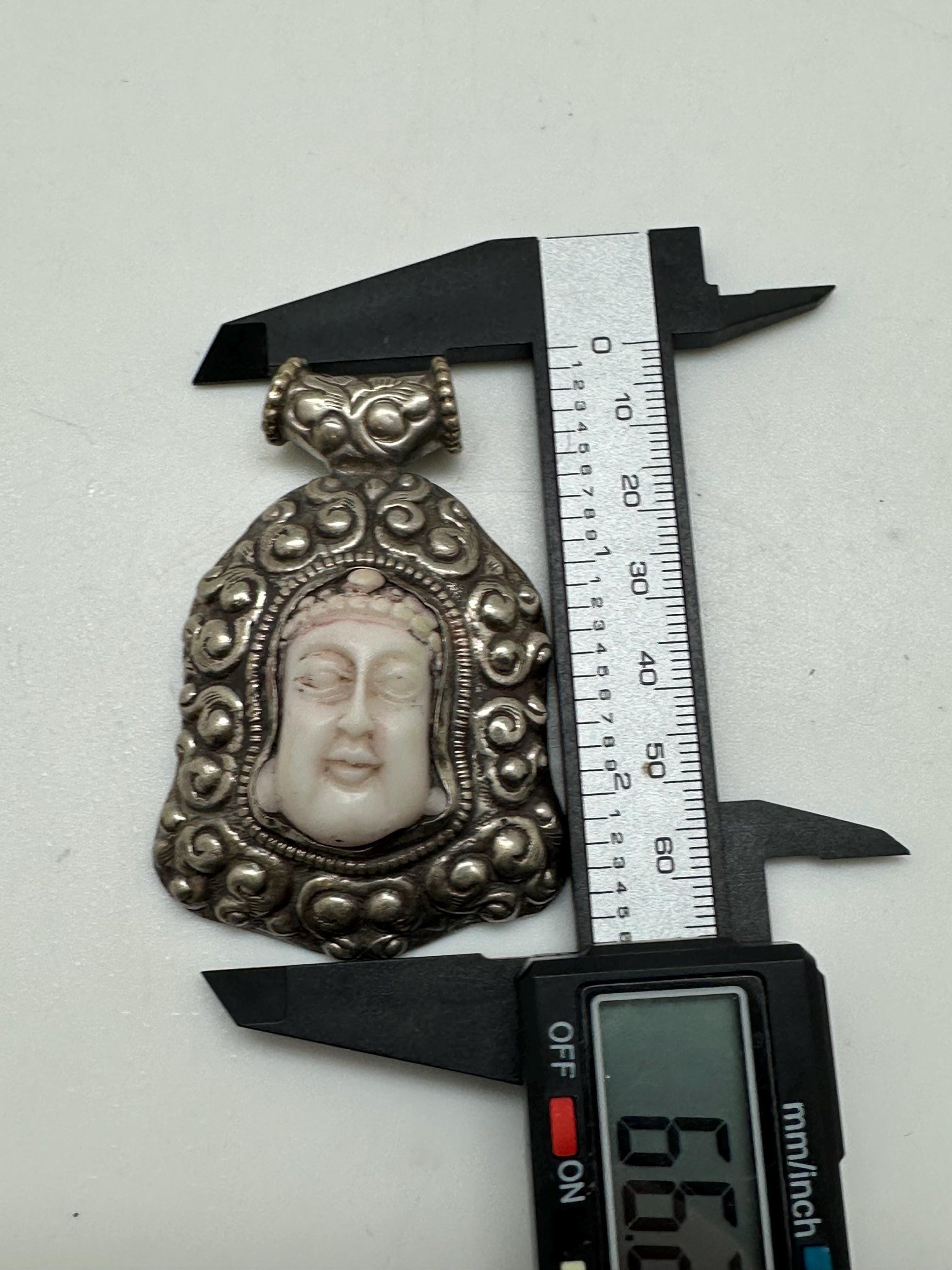 Buddha pendant, large pendant, buddha face, handcrafted,white resin,tibetan repousse silver,amulet,66X43mm
