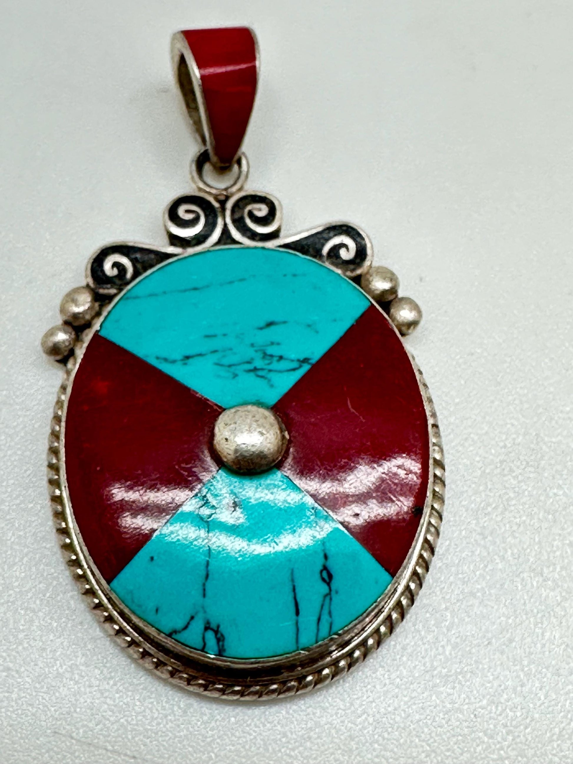 Tibetan turquoise and coral pendant, sterling silver, handcrafted ,ethnic style,Nepalese ,41mmX21mm
