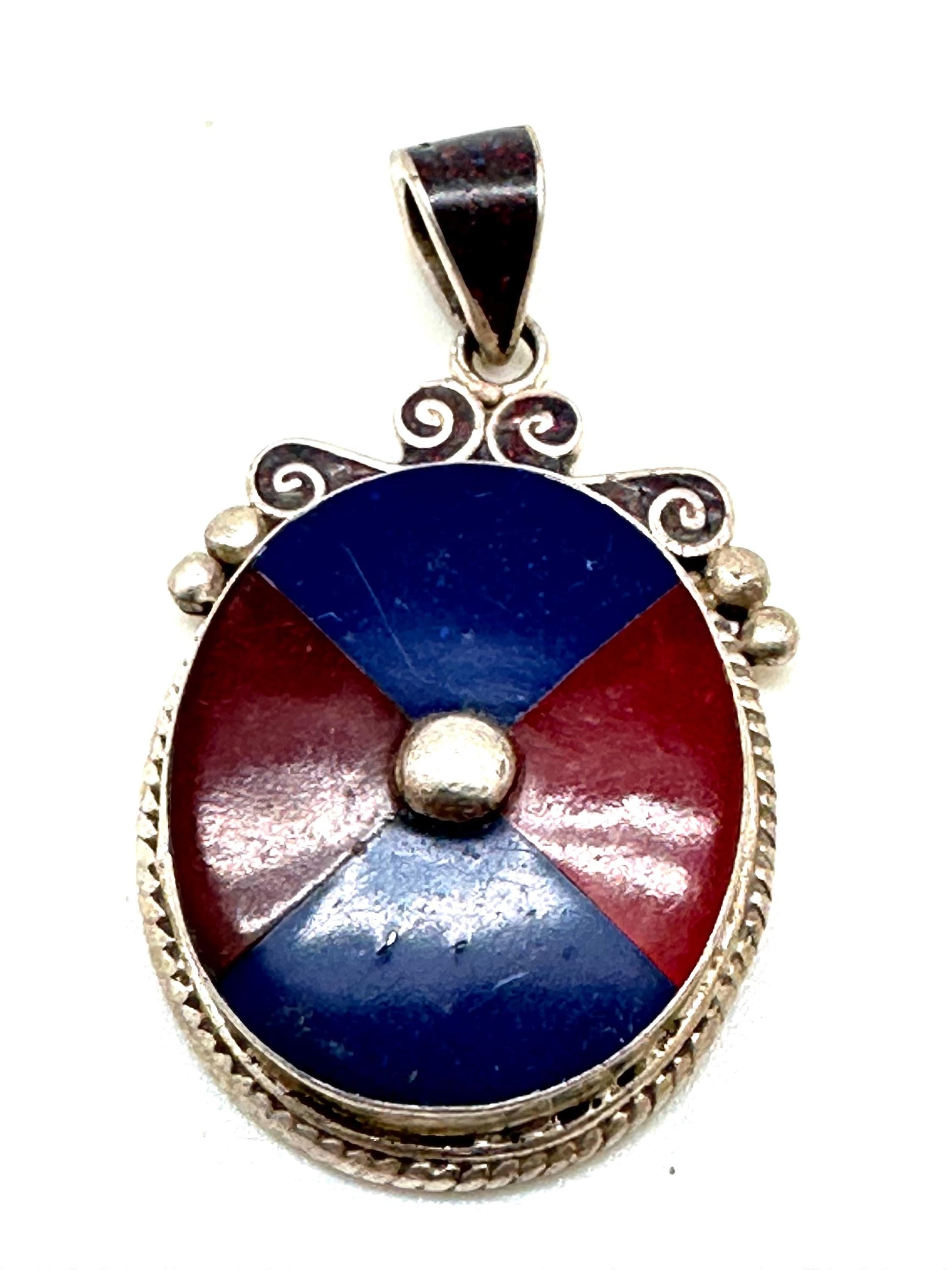 Lapis and coral pendant,inlaid pendant,sterling silver, handcrafted, Nepalese,ethnic style, 42mmX22mm