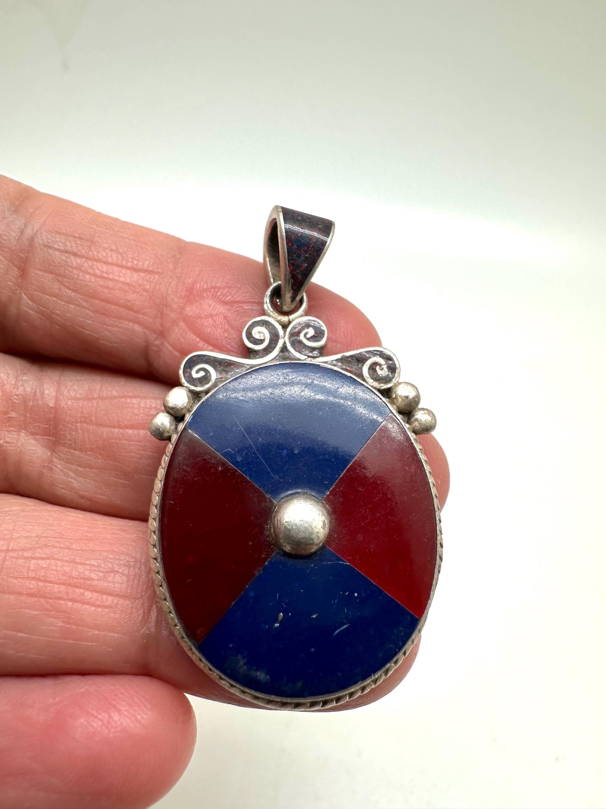 Lapis and coral pendant,inlaid pendant,sterling silver, handcrafted, Nepalese,ethnic style, 42mmX22mm