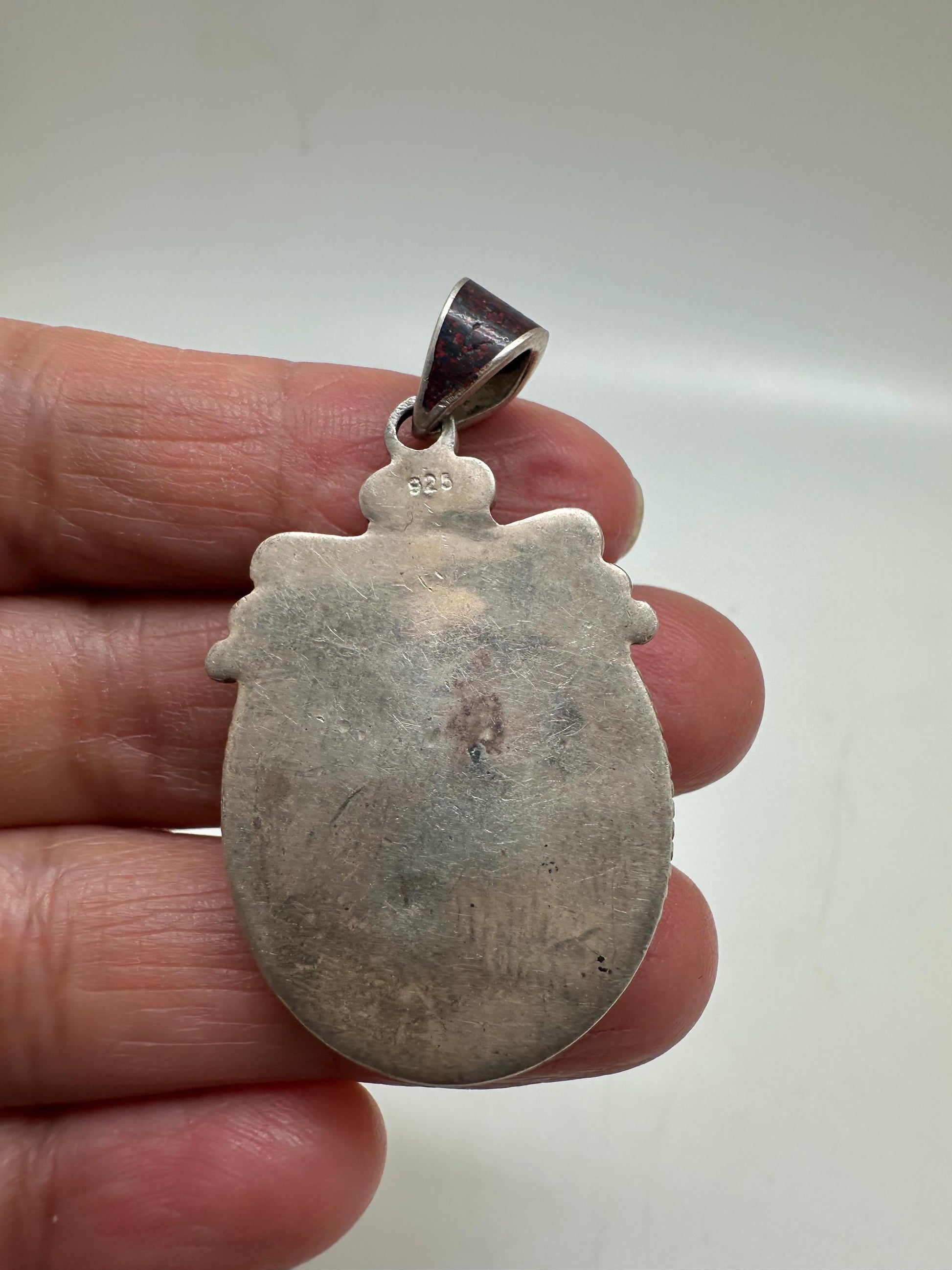 Lapis and coral pendant,inlaid pendant,sterling silver, handcrafted, Nepalese,ethnic style, 42mmX22mm