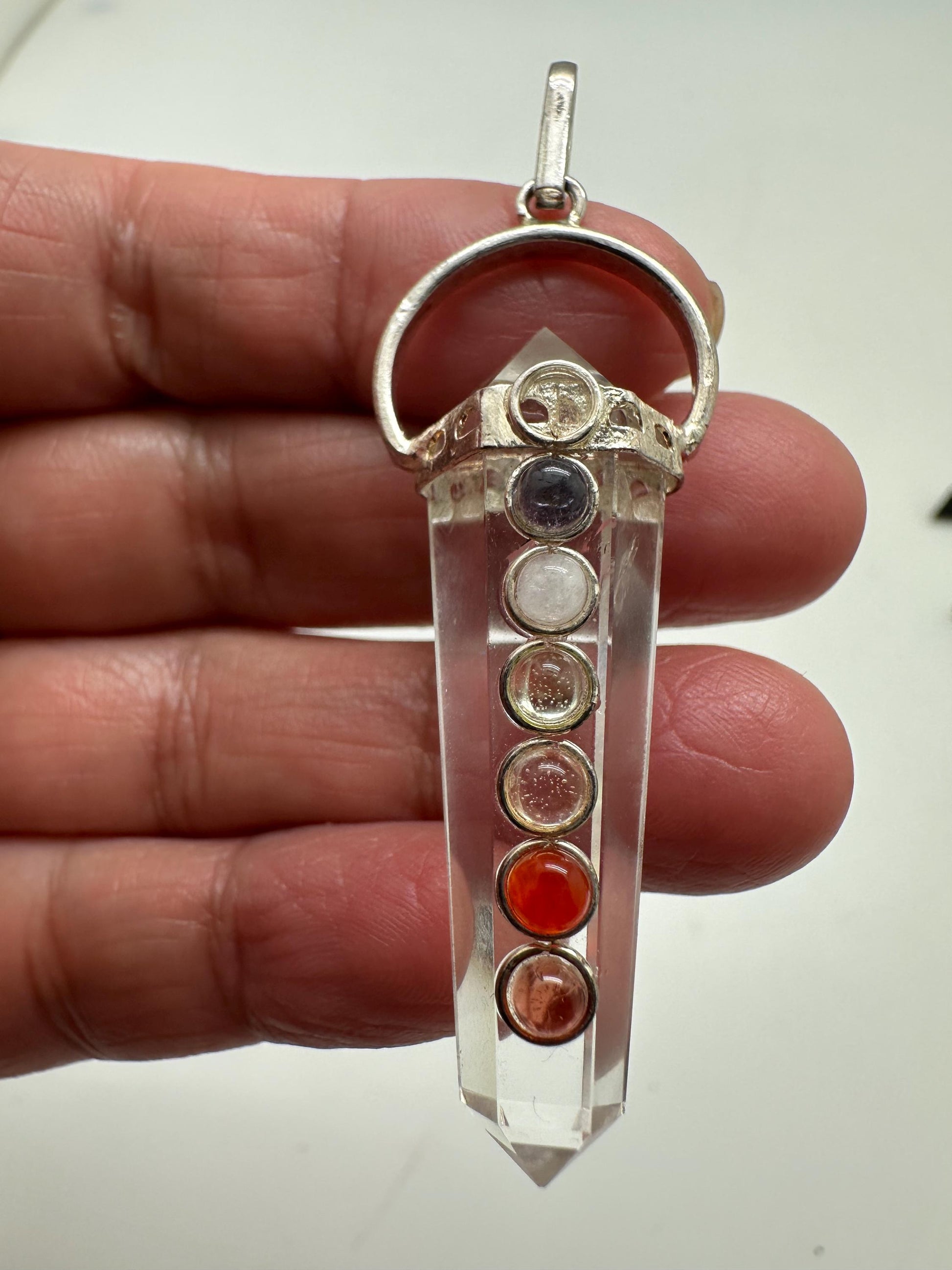 Quartz crystal pendant, point pendant, seven chakra natural gemstone, handcrafted, sterling silver