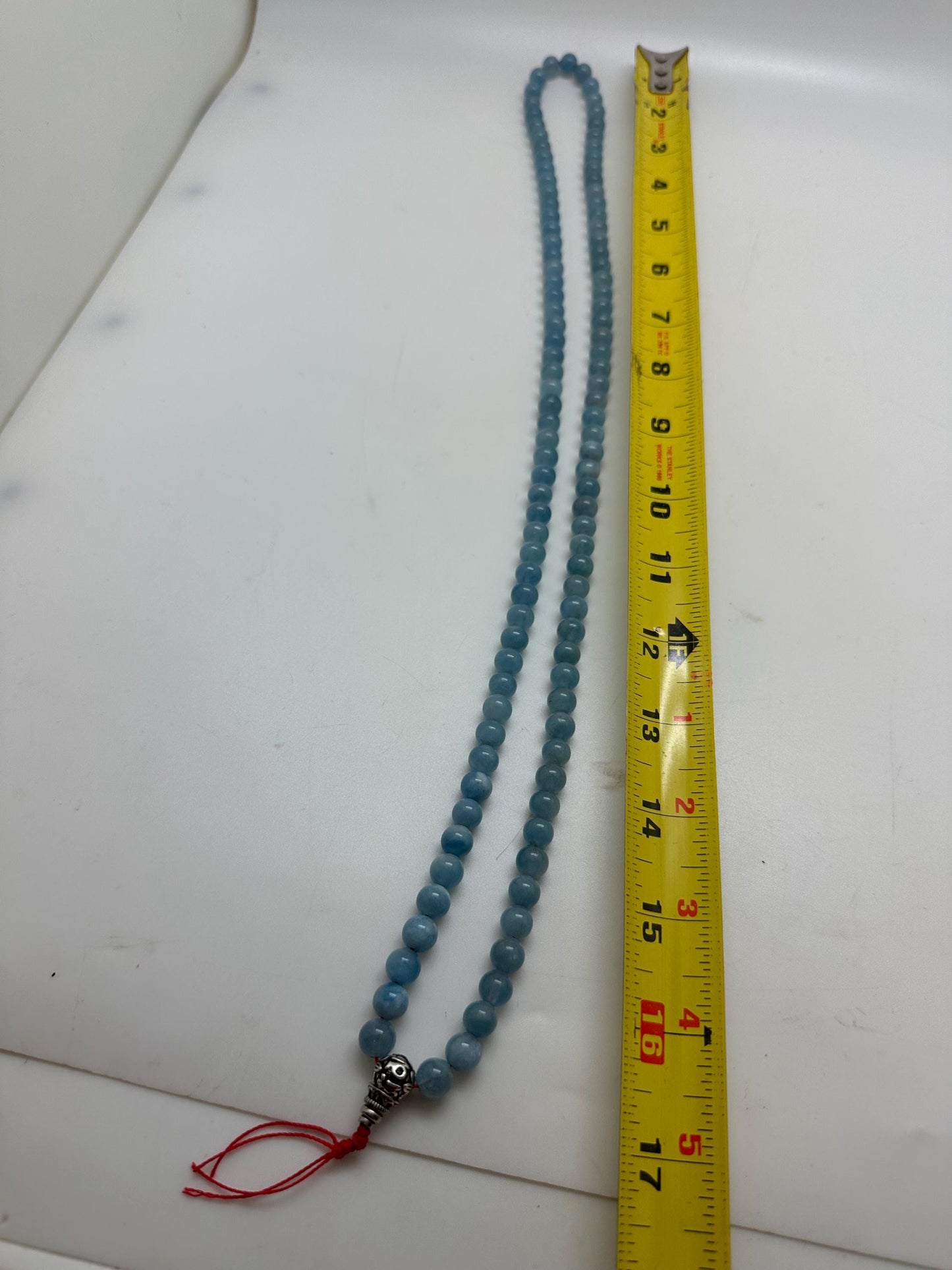 Tibetan Buddhist prayer mala, Aquamarine 108 beads, natural stone, sterling silver guru bead, handcrafted,8.3mm