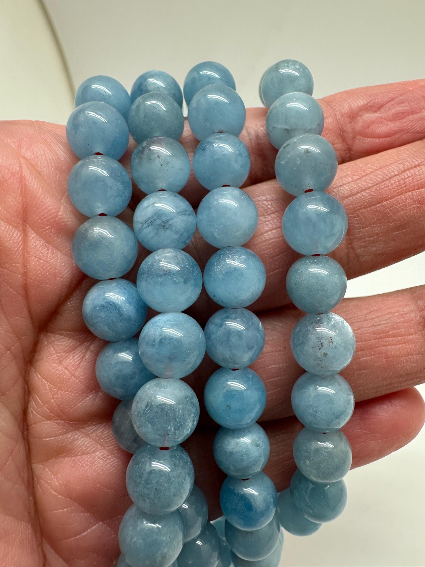 Tibetan Buddhist prayer mala, Aquamarine 108 beads, natural stone, sterling silver guru bead, handcrafted,8.3mm